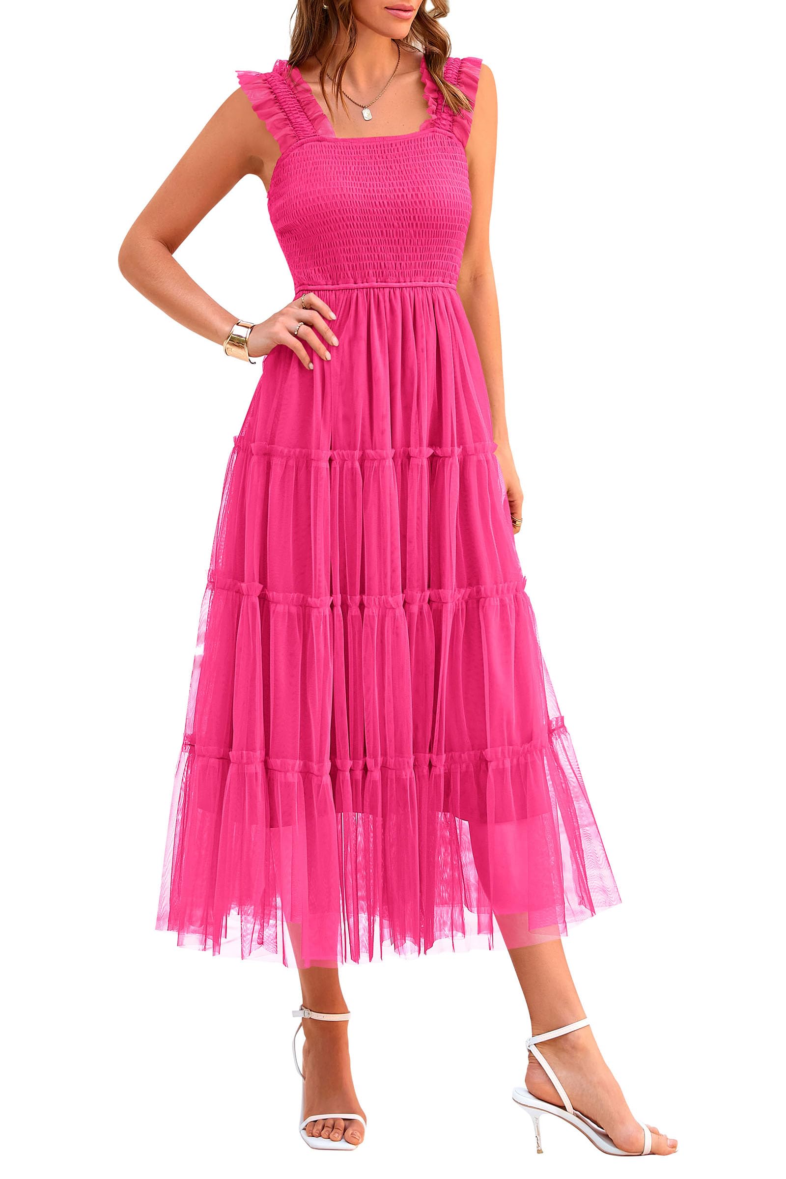 PRETTYGARDEN Women's Summer Tulle Midi Dress Sleeveless Smocked Ruffle Flowy Mesh Dresses Party Wedding Guest Sundress