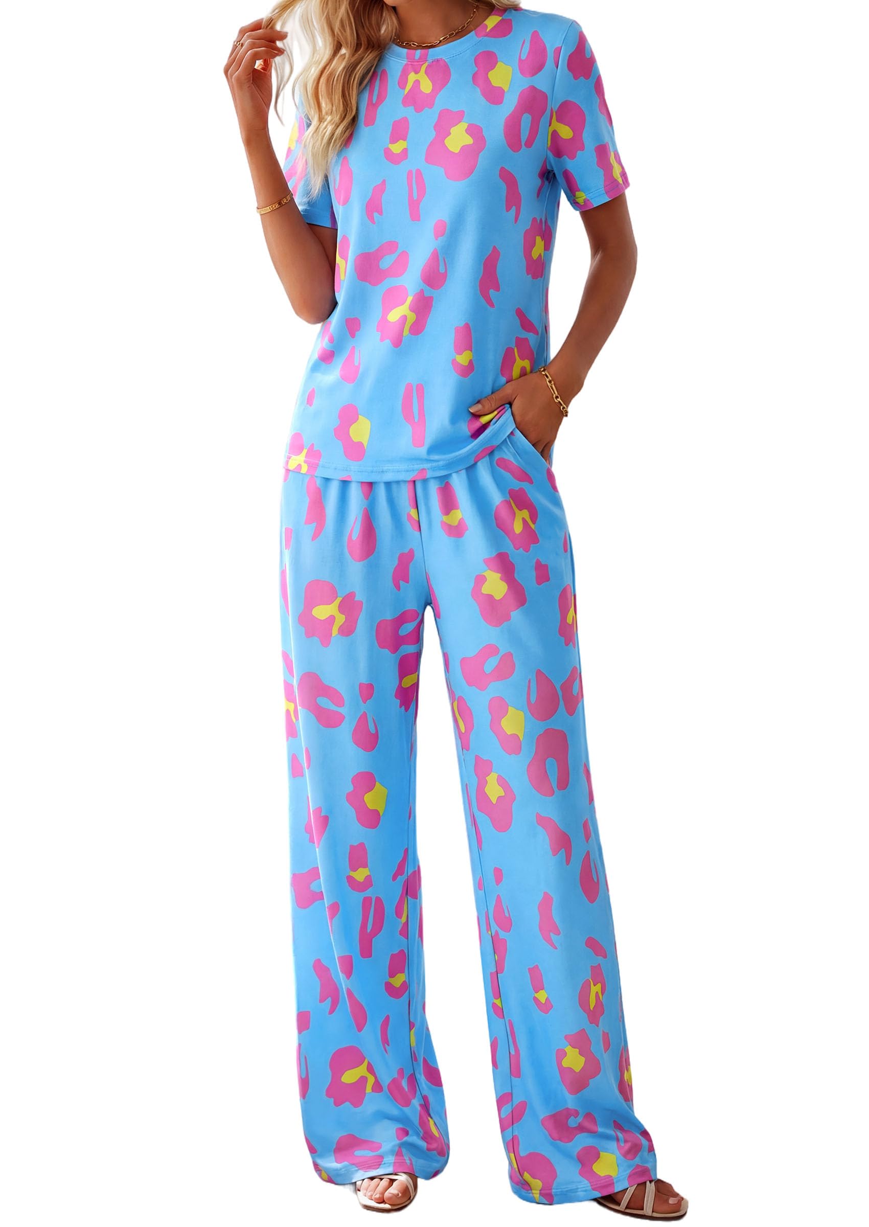 PRETTYGARDEN Womens Pajama Sets 2 Piece Lounge PJ Set Summer Soft Sleepwear Short Sleeve Top Loose Pants Spring Outfits