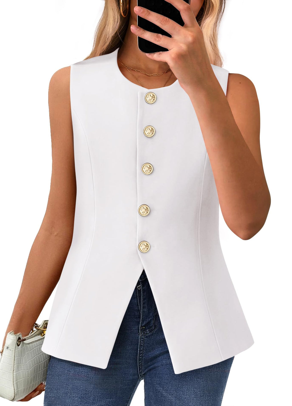 BTFBM Summer Sleeveless Blazer Vest For Women Dressy Button Down Round Neck Business Casual Outfits Work Suit Vests Tops