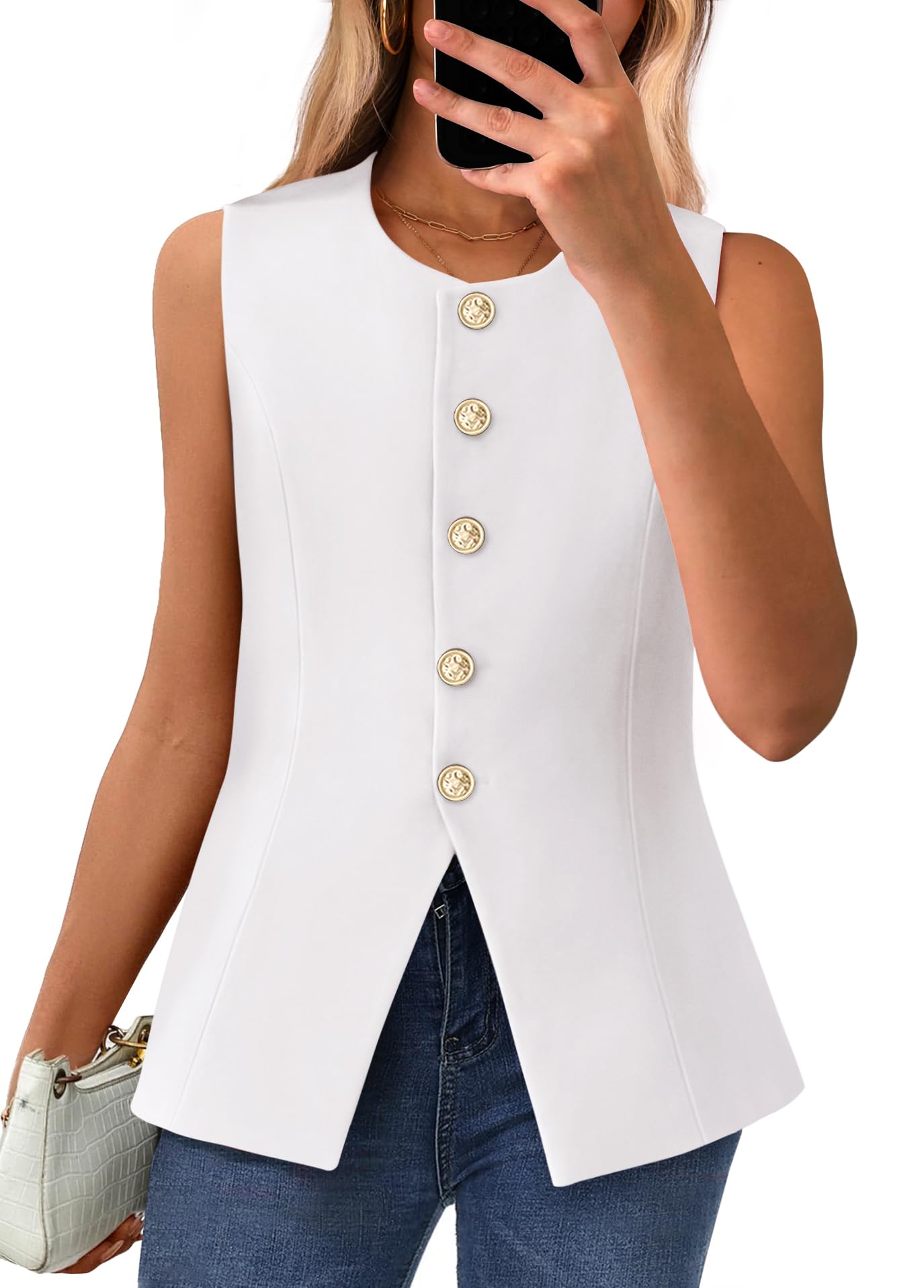 BTFBM Summer Sleeveless Blazer Vest For Women Dressy Button Down Round Neck Business Casual Outfits Work Suit Vests Tops