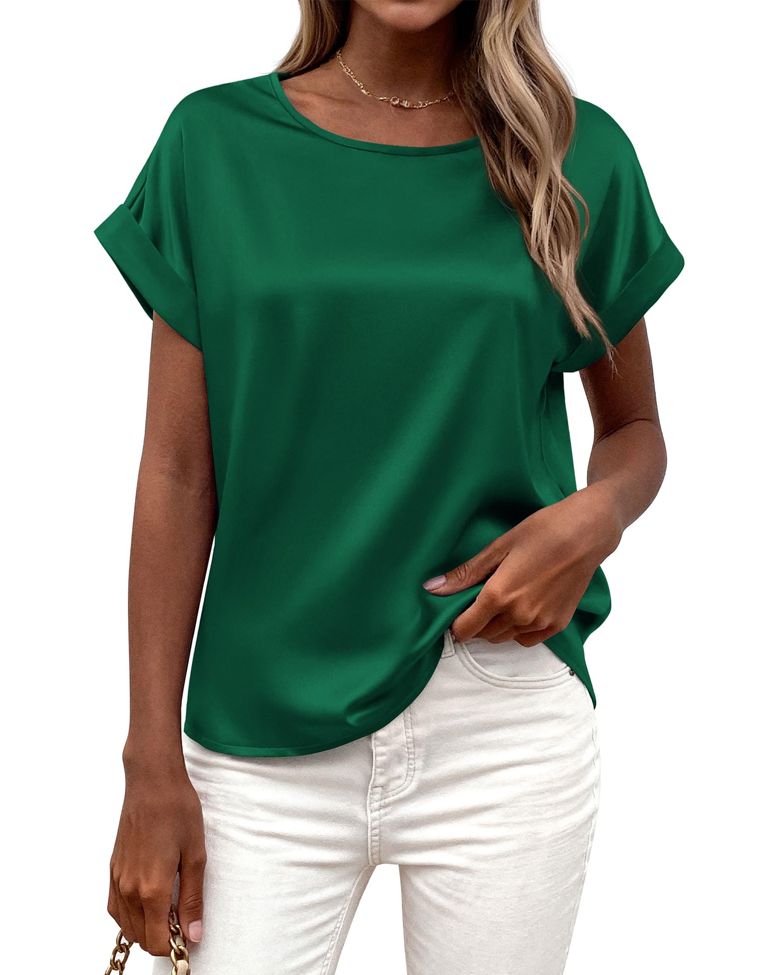 FreshPretty Womens Summer Tops Satin Silk Crewneck Short Sleeve Shirts Work Business Outfits Spring Blouses Dressy Casual