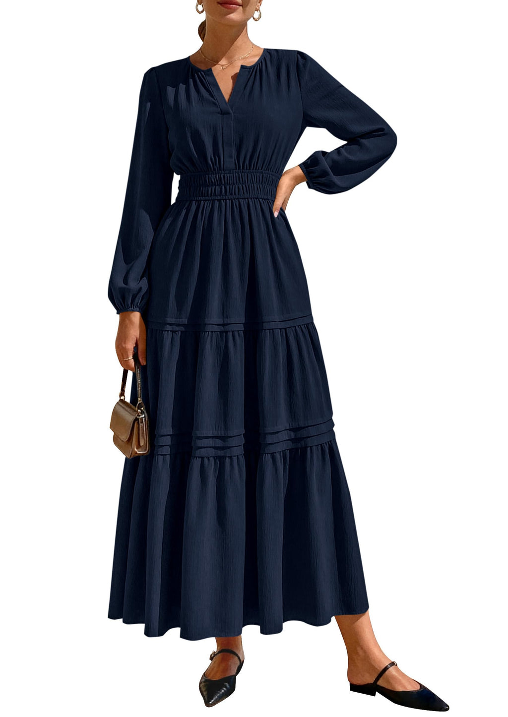 PRETTYGARDEN Women's Elegant Maxi Dresses Long Sleeve V Neck Flowy Pockets Casual Modest Dress Fall Fashion Clothes