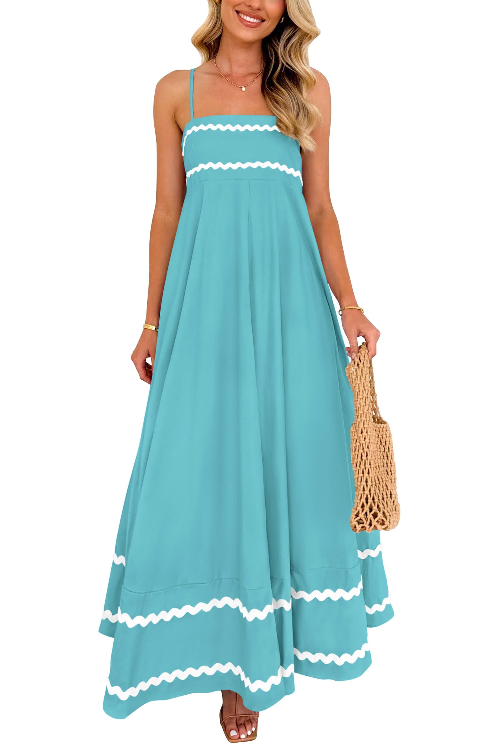 PRETTYGARDEN Women's Summer Flowy Maxi Dress Casual Sleeveless Spaghetti Strap Ruffle Beach Long Dresses