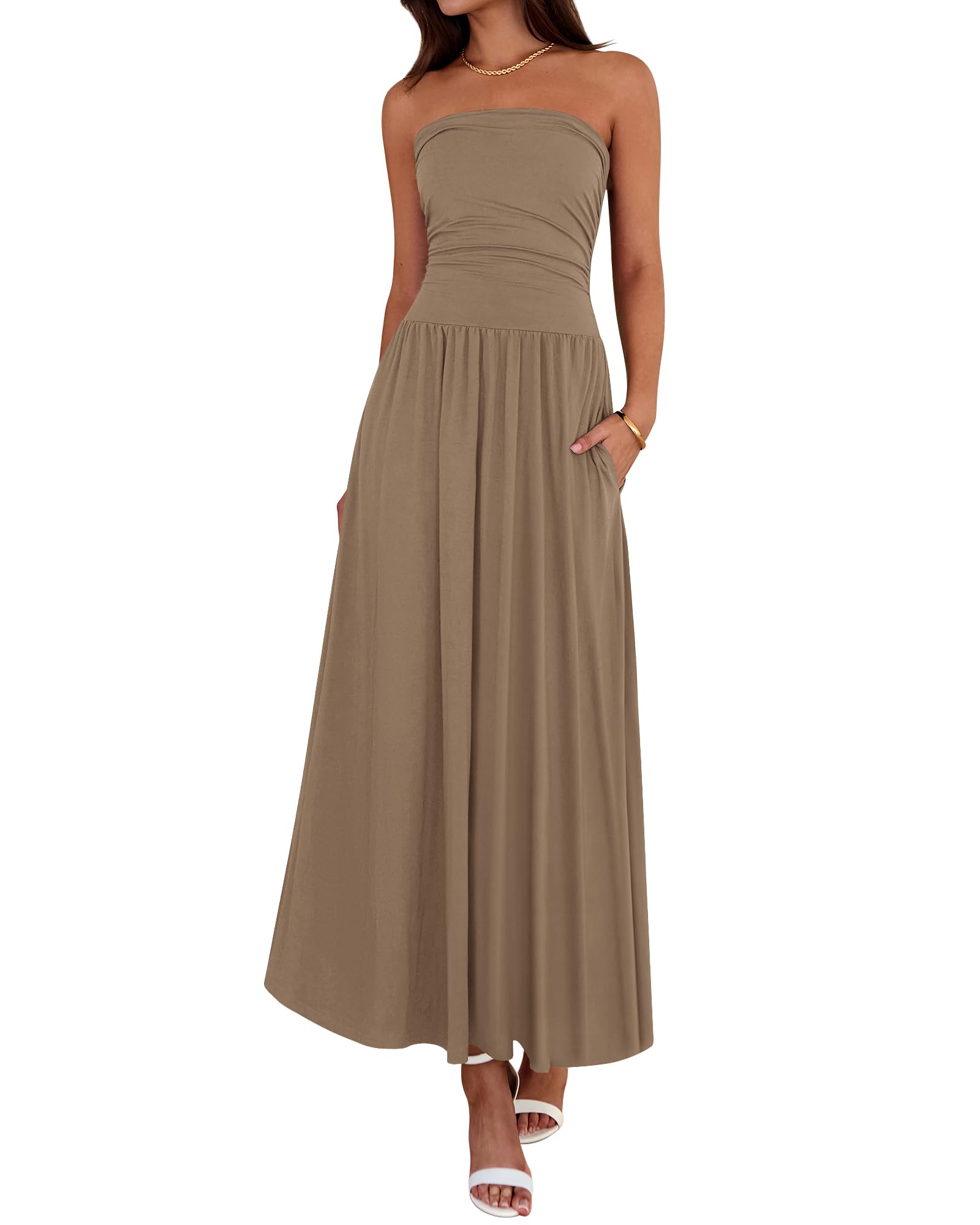 BTFBM Summer Maxi Dresses for Women Strapless Ruched Tube Top Beach Vacation Spring Wedding Guest Dress Pockets