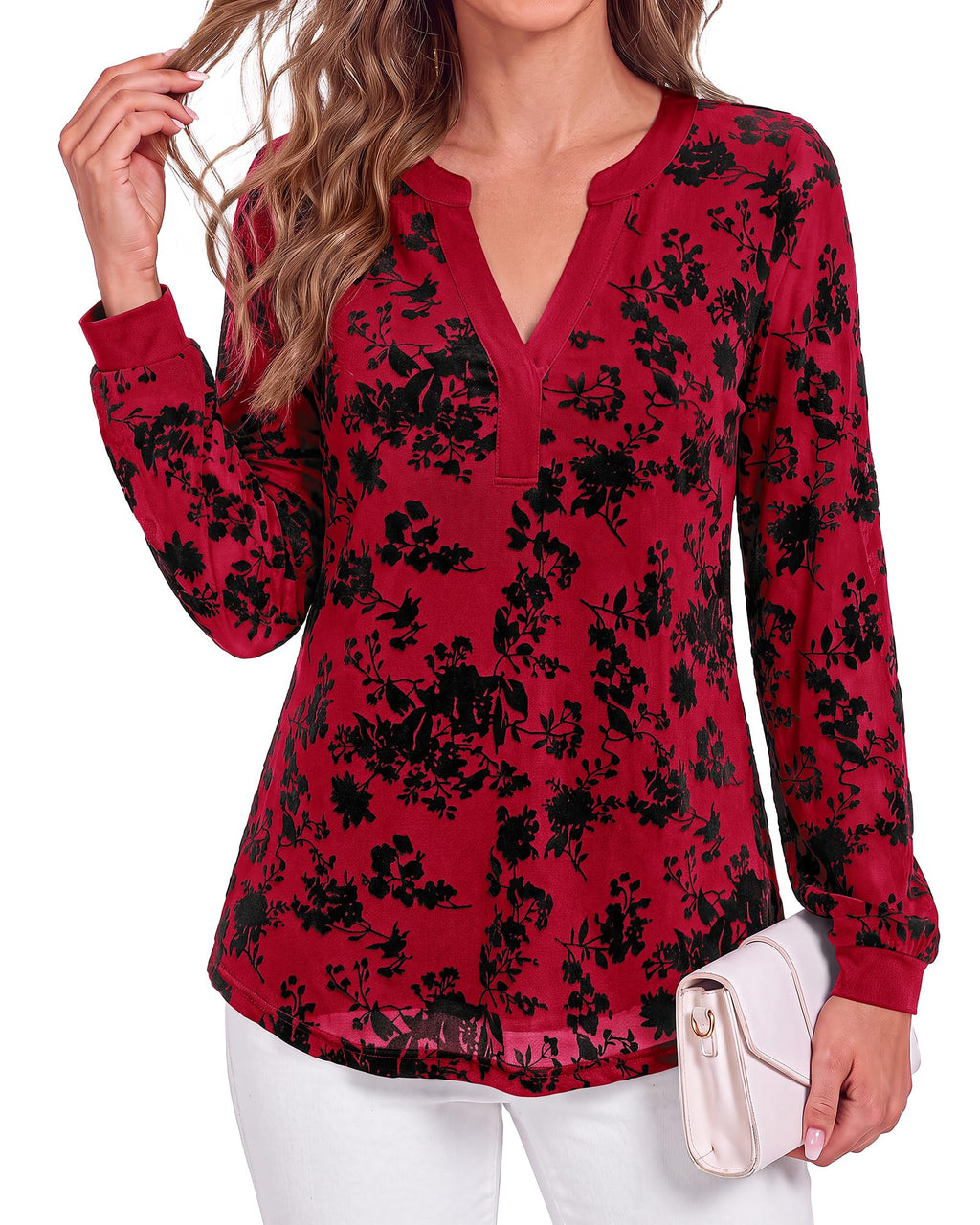 BTFBM Womens Tops Floral Sheer Mesh Long Sleeve Blouses Dressy Casual V Neck Flocked Mesh Shirts,Velvet-Like Flowers,Double Layered,Loose Fit Tunics,Business Casual Top,Fall Fashion Clothing
