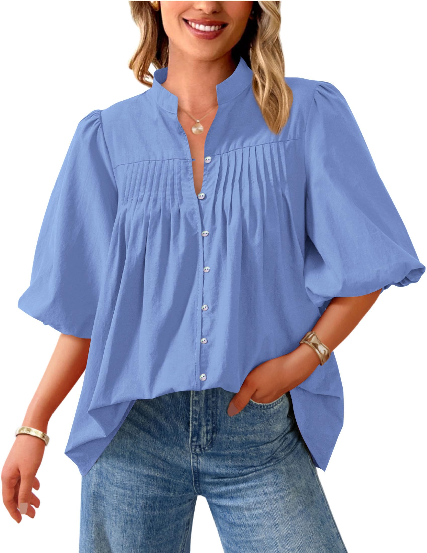 PRETTYGARDEN Women's  Summer Short Lantern Sleeve Tops Loose Fit Button Down Shirt Pleated V Neck Blouses Trendy Clothes