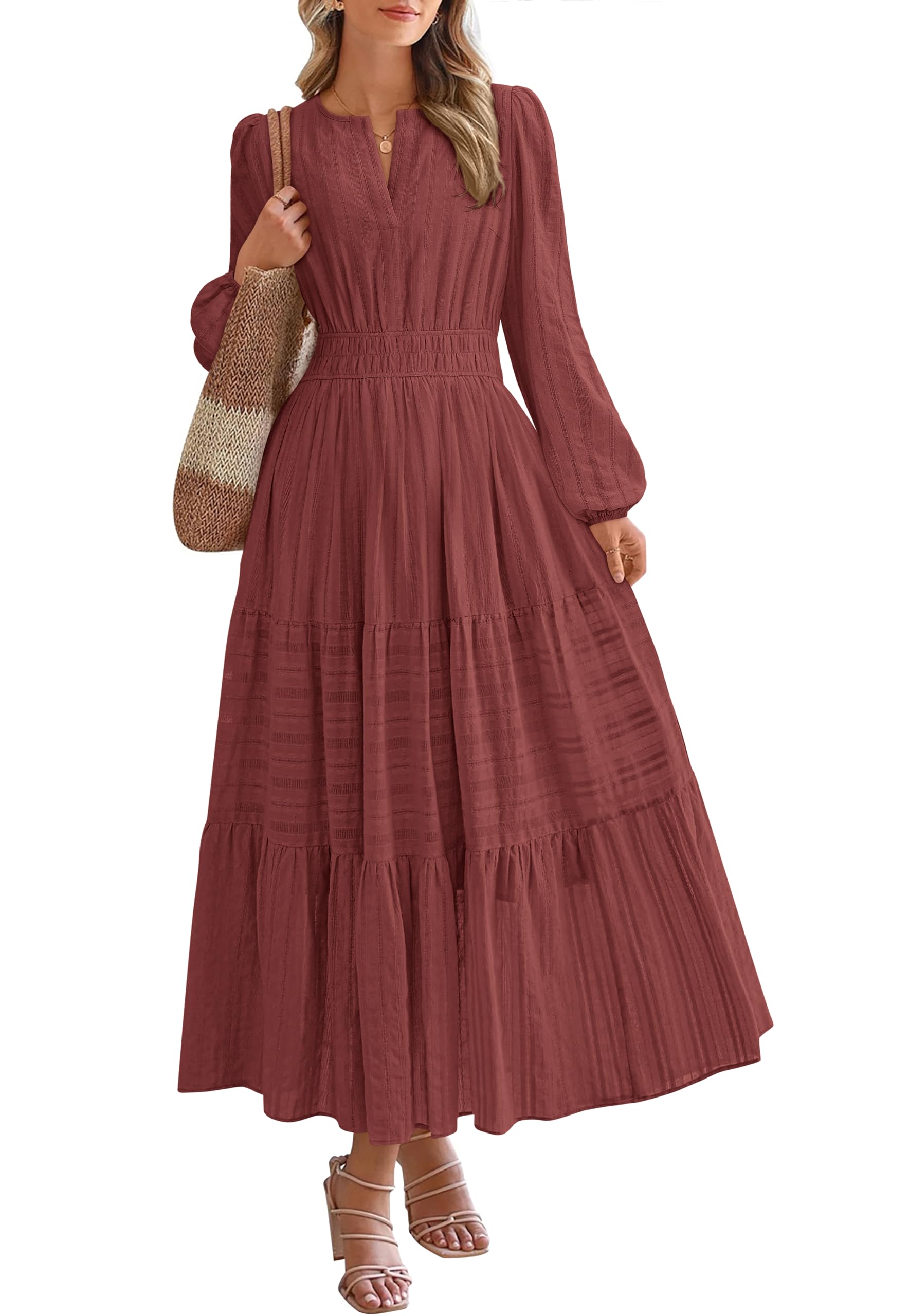 BTFBM Spring Dresses for Women 2026 Casual Long Sleeve V Neck Elastic Waist Lightweight Maxi Wedding Guest Dress Pockets