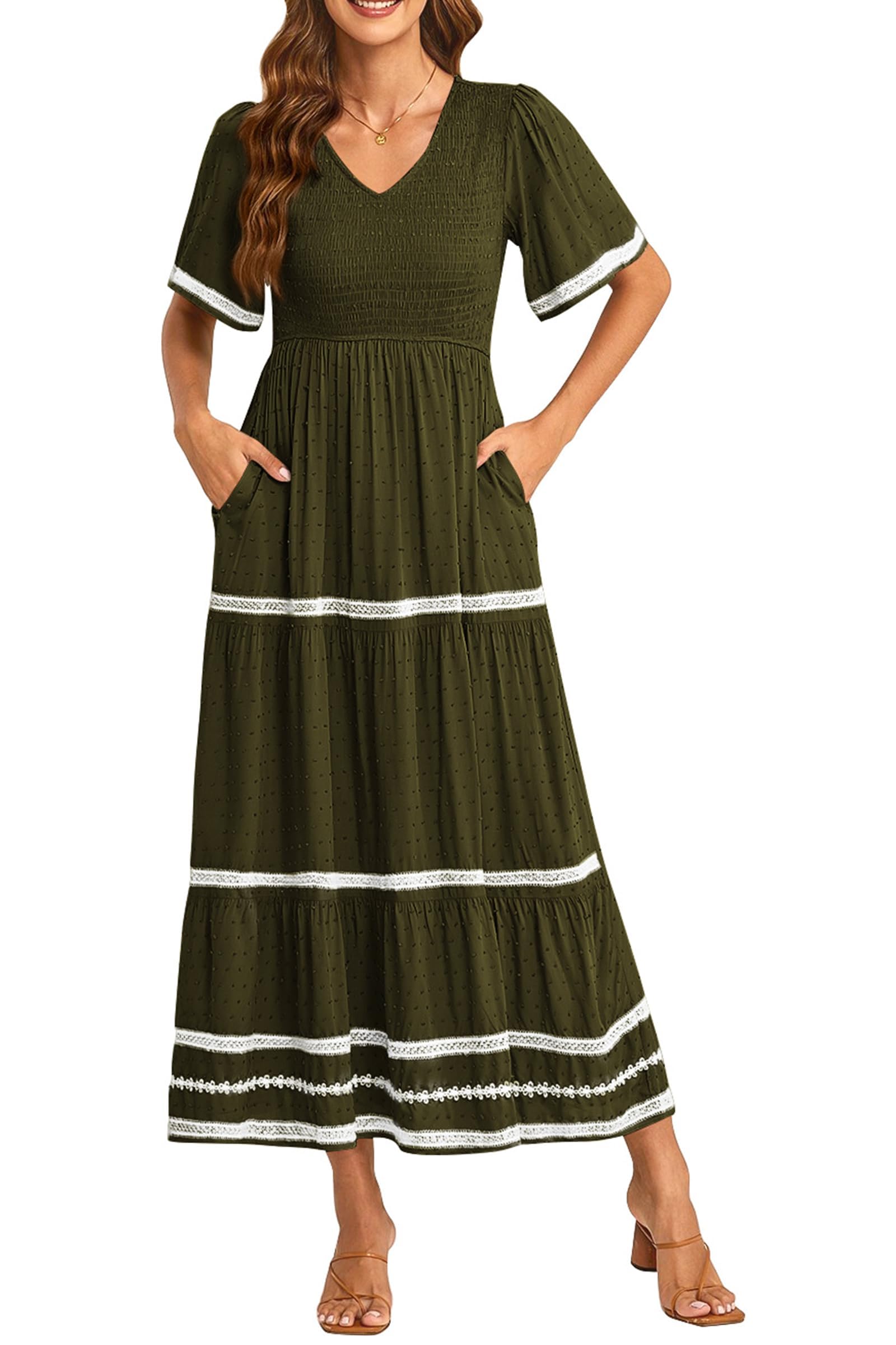 PRETTYGARDEN Women's Casual Summer Maxi Dress Short Sleeve Swiss Dot V Neck Smocked Long Flowy Beach Dresses