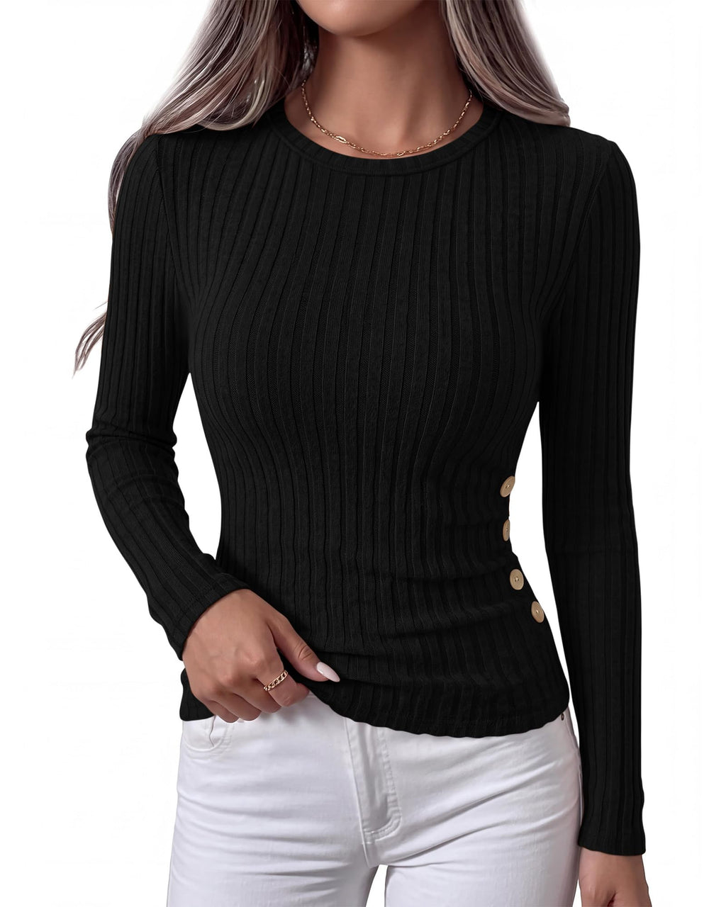 FreshPretty Womens Dressy Casual Tops Long Sleeve Fitted T-Shirts,Crew Neck,Lightweight Stretchy Sweater,Ribbed Knit Going Out Tops,Business Casual Outfits,Fall Tops,Winter Layer Clothes
