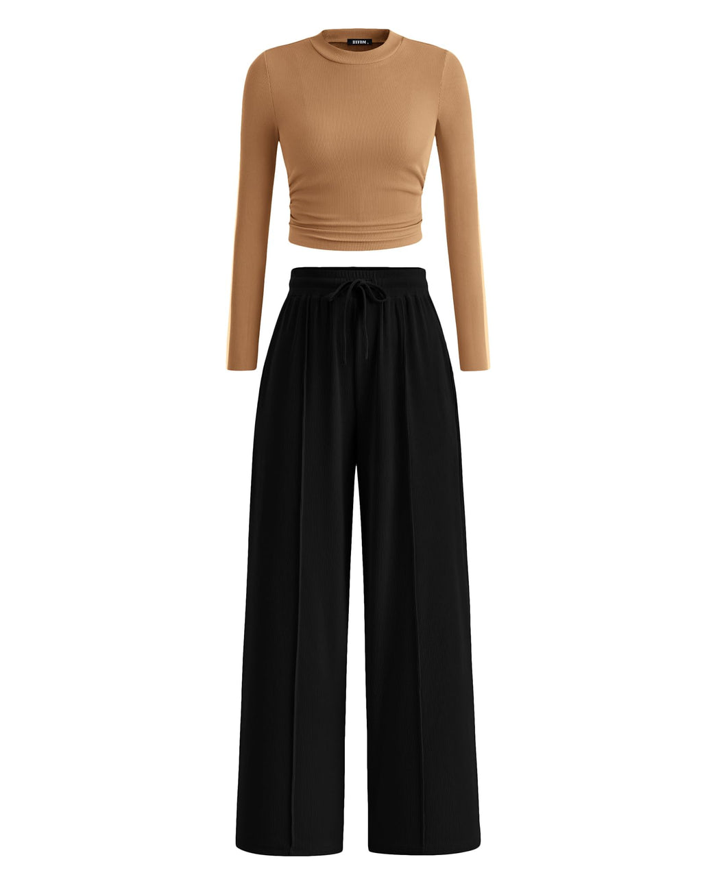 BTFBM Casual 2 Piece Sets For Women Fall Outfits Ribbed Spring Long Sleeve Crop Top Wide Leg Pants Matching Lounge Set