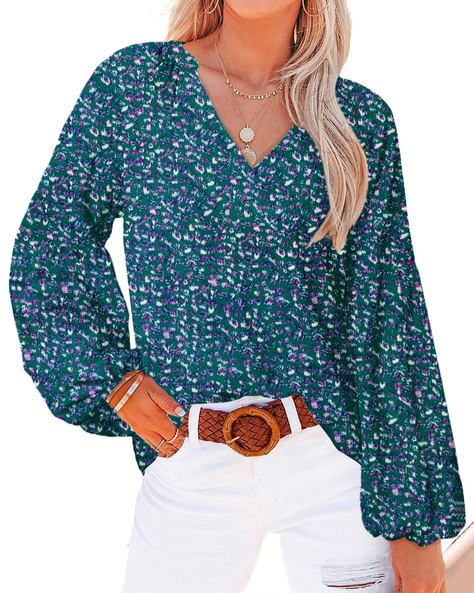 FreshPretty Blouses for Women Floral Boho Tops V Neck Lightweight Long Sleeve Shirts Fall Dressy Casual Vacation Outfits