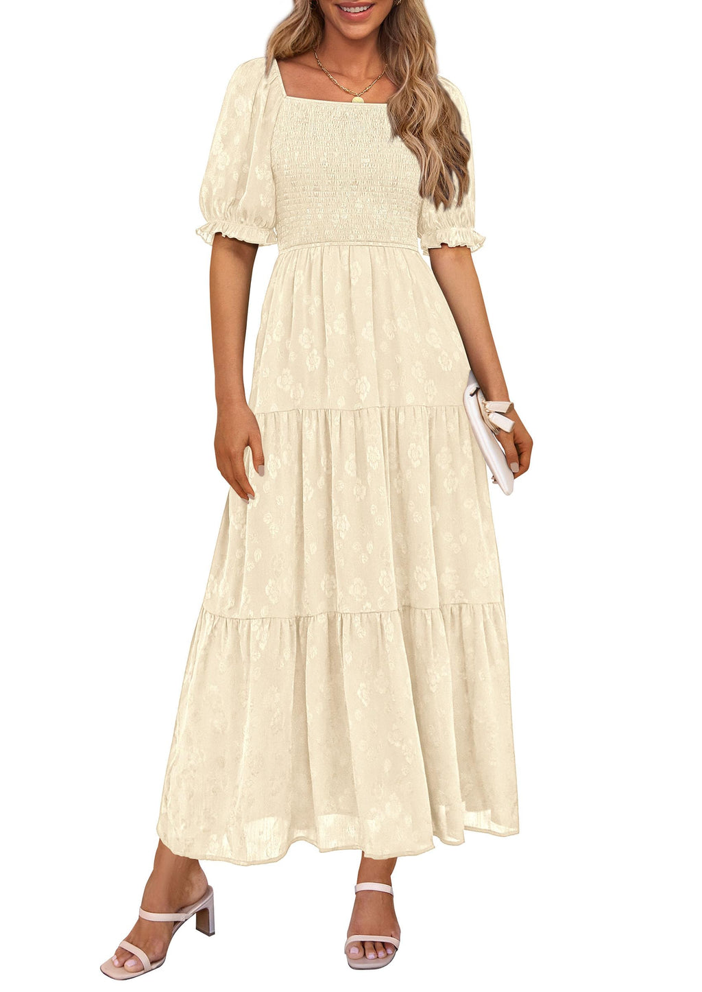 PRETTYGARDEN Women's Summer Casual Midi Dresses Square Neck Short Sleeve Smocked A Line Floral Flowy Elegant Boho Dress