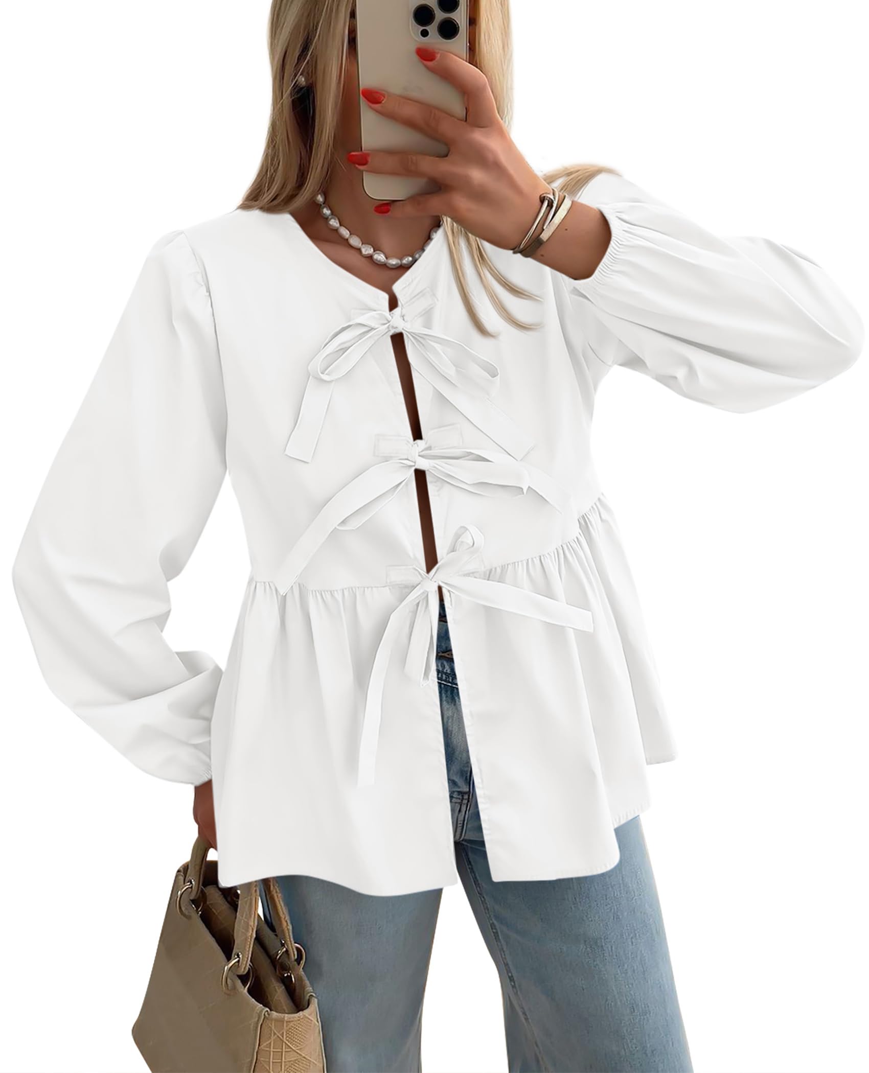 PRETTYGARDEN Women's Spring Fall Babydoll Peplum Blouse Shirt Puff Long Sleeve Bow Tie Front Trendy Cute Y2K Going Out Tops