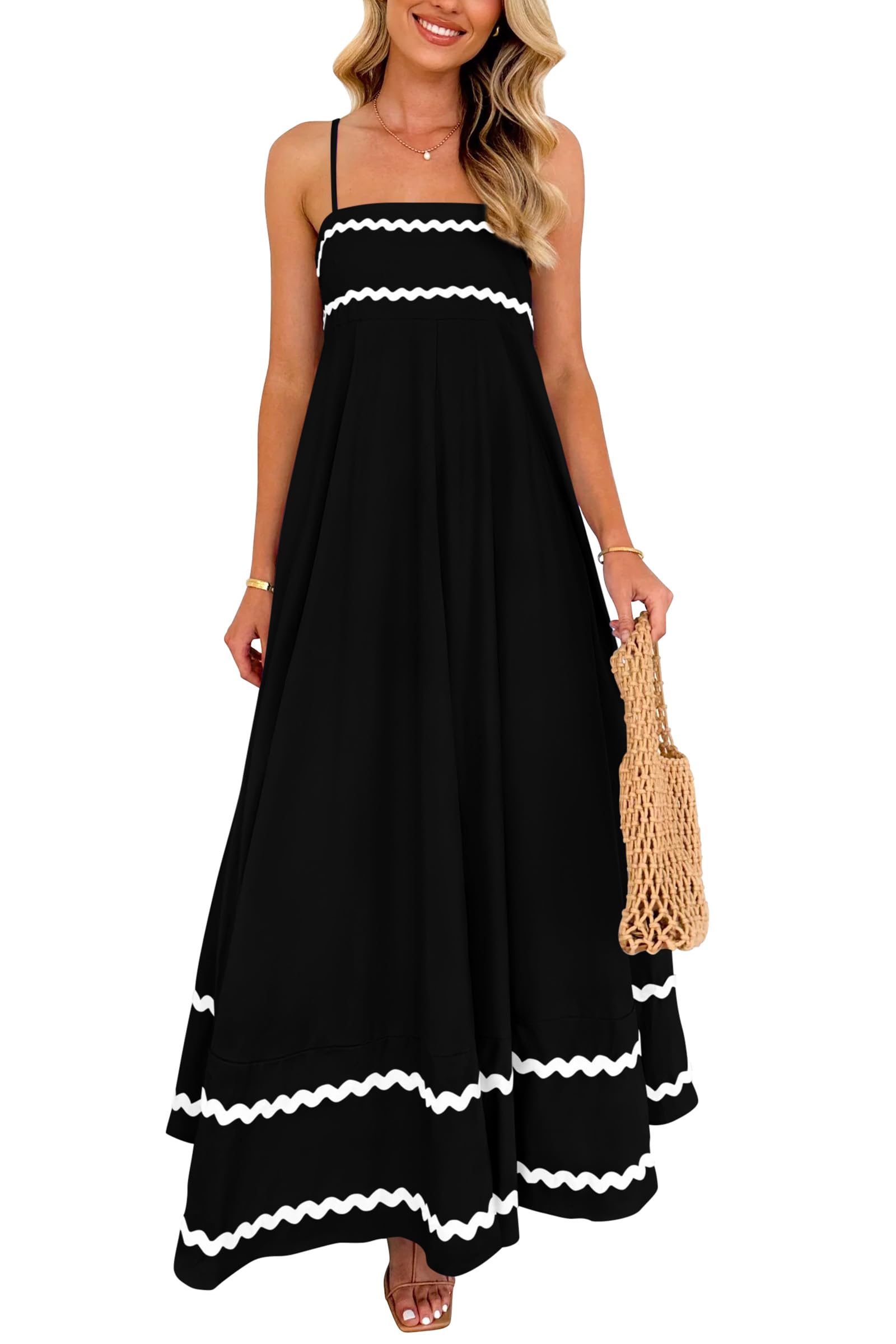 PRETTYGARDEN Women's Summer Flowy Maxi Dress Casual Sleeveless Spaghetti Strap Ruffle Beach Long Dresses