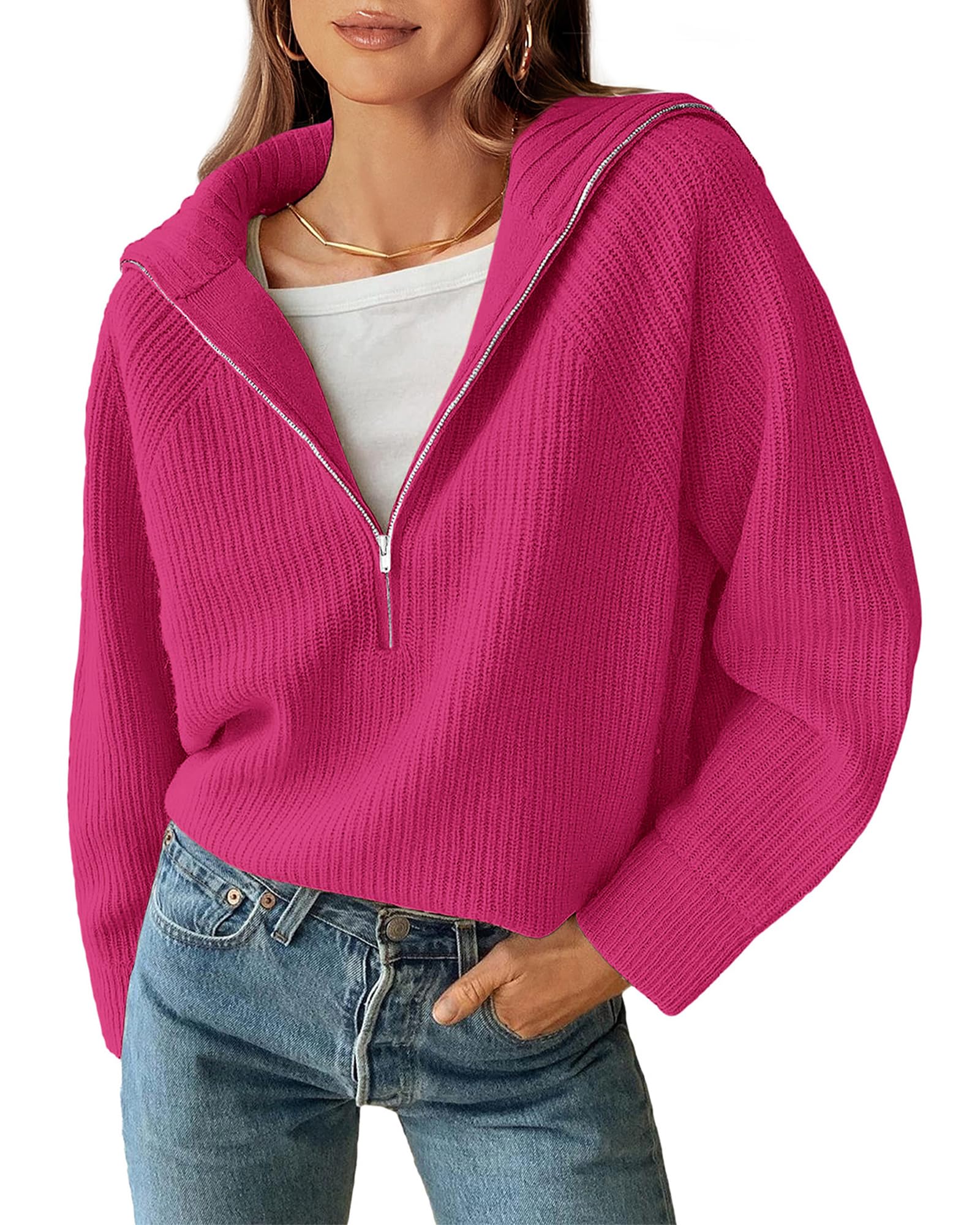 FreshPretty Womens Sweaters Quarter Zip Pullover V Neck Collar Long Sleeve Ribbed Knit Loose Casual Winter Fall Sweater