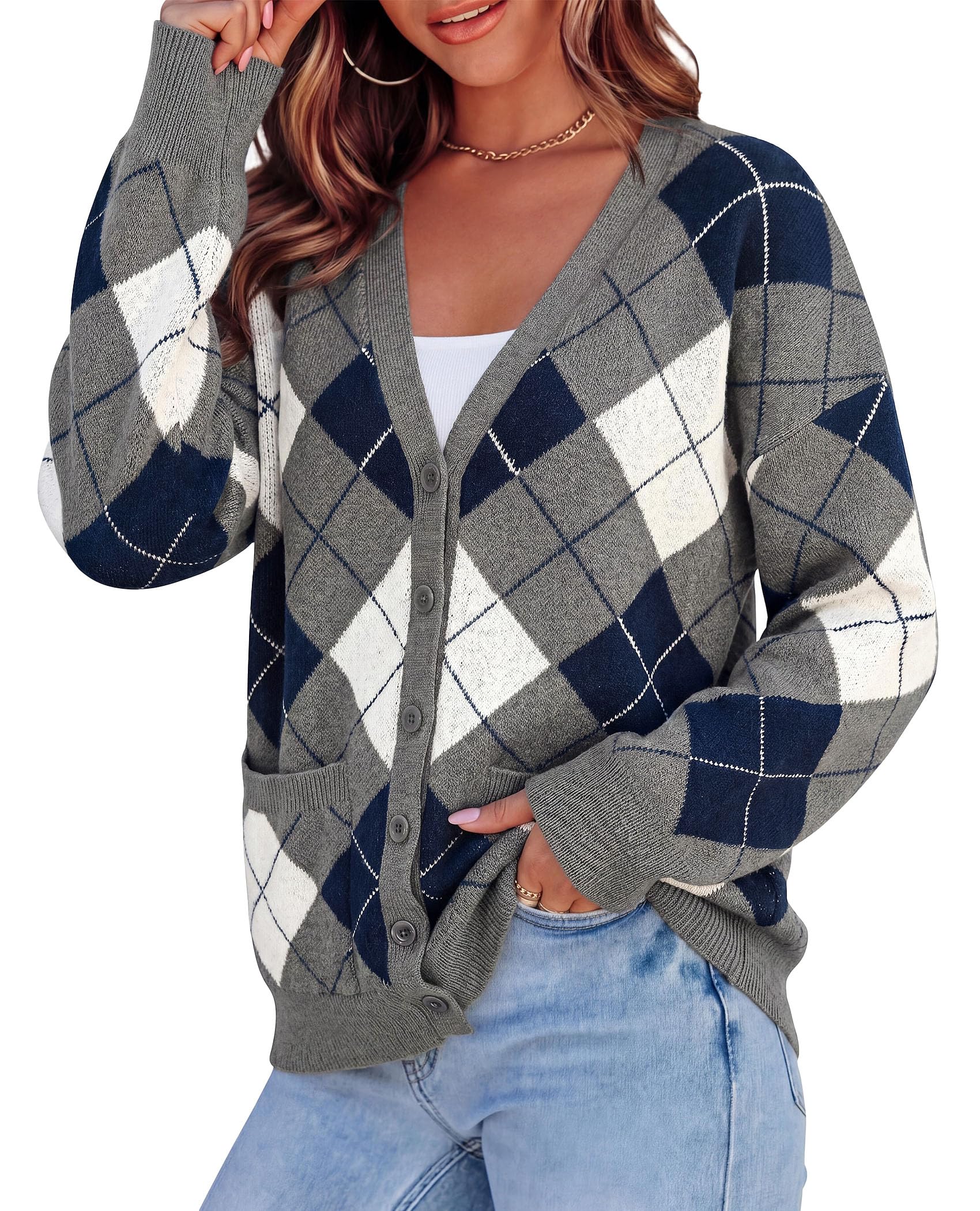 PRETTYGARDEN Women's Cardigan Argyle Winter Sweaters Cozy Warm Chunky Knit, Long Sleeve V Neck, Color Block Plaid, Button Up Pocket,Trendy Fall Jackets, Holiday Going Out Outfits