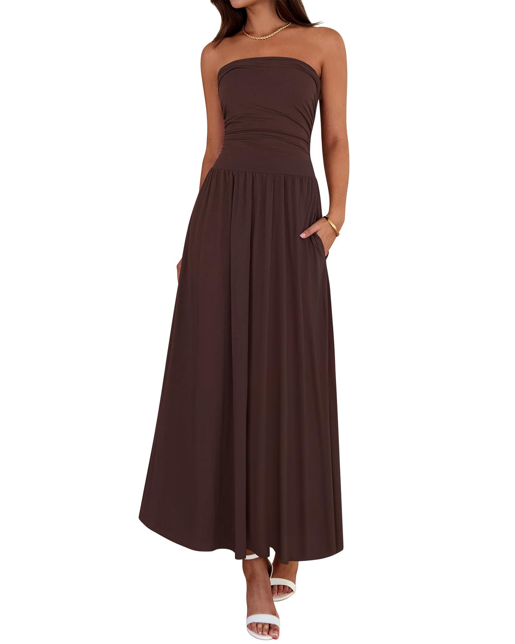 BTFBM Summer Maxi Dresses for Women Strapless Ruched Tube Top Beach Vacation Spring Wedding Guest Dress Pockets