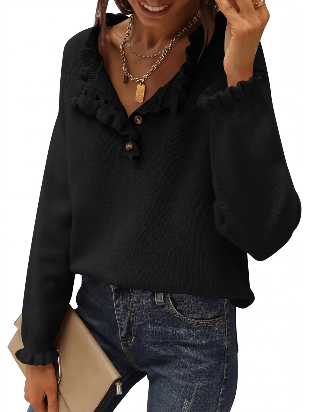 BTFBM Womens Sweaters Fall Winter Clothes Long Sleeve Button Down Ruffle Crew Neck Casual Knitted Pullover Tops