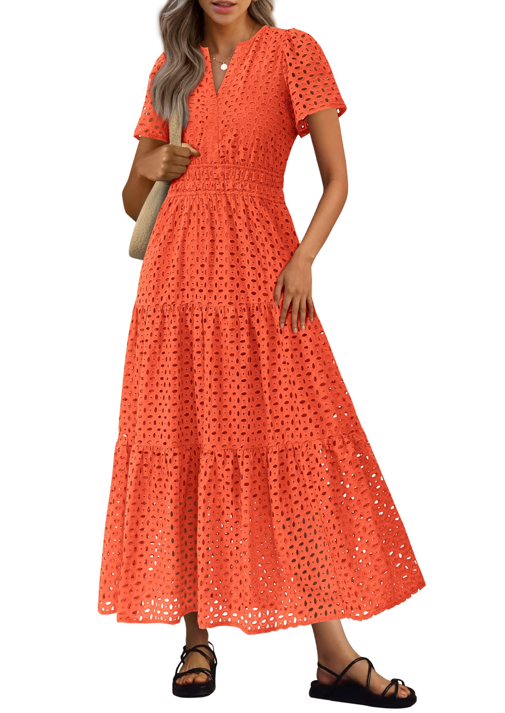 PRETTYGARDEN Womens Summer Maxi Dress Short Sleeve V Neck Hollow Out Eyelet A Line Long Flowy Beach Vacation Dresses