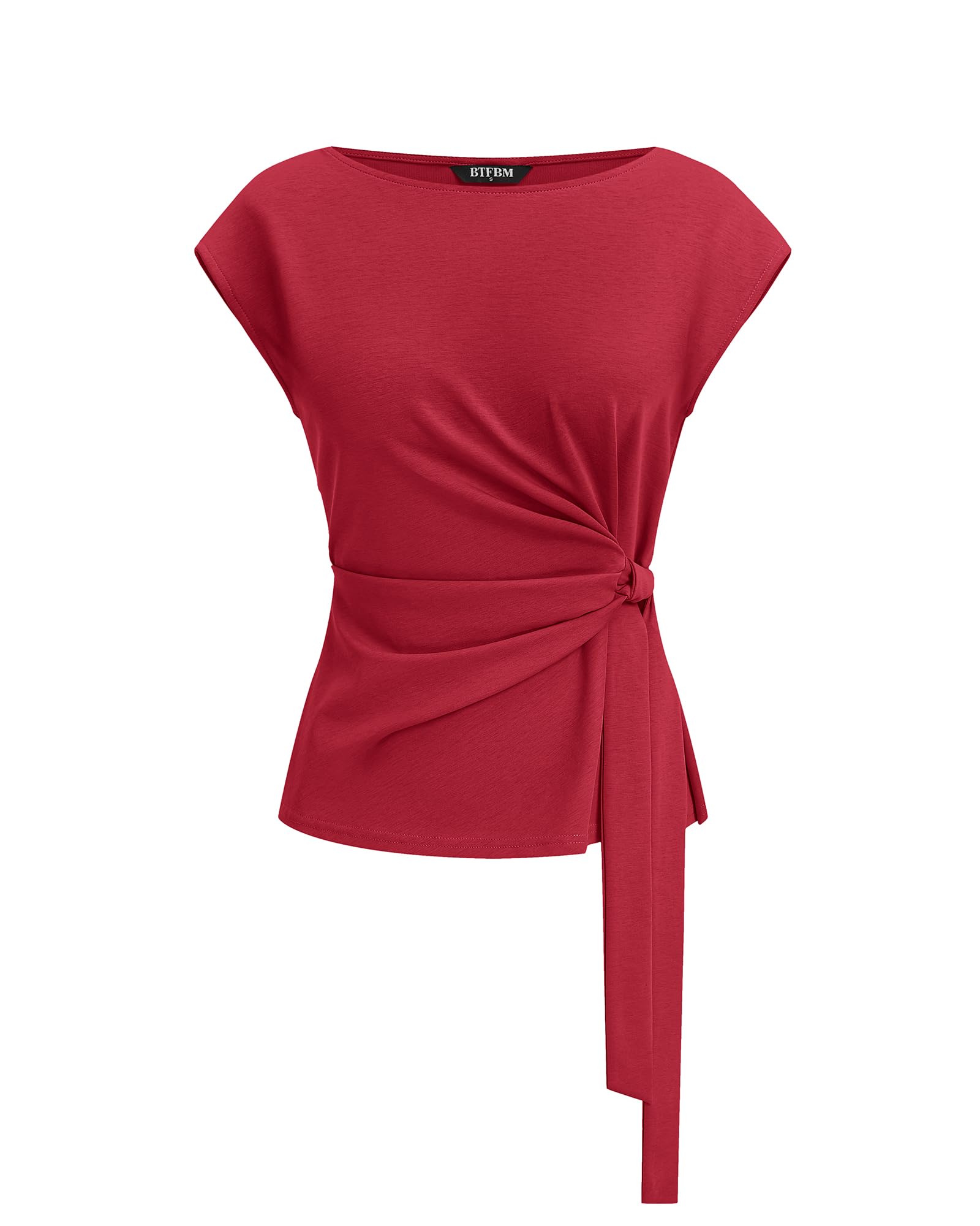 BTFBM Womens Tops Summer Cap Sleeve Crew Neck Tie Waist Blouses Dressy Casual Business Work Clothes Spring Fashion