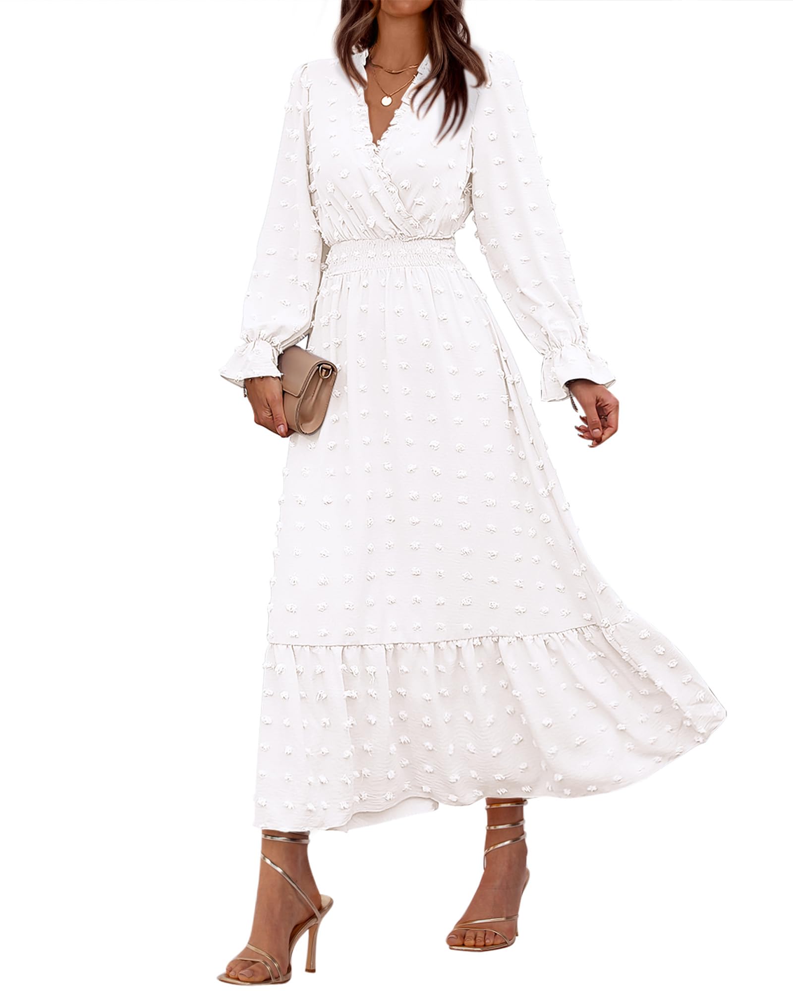 FreshPretty Women Fall Maxi Dresses Long Sleeve V Neck Swiss Dots High Waisted A-Line Ruffle Boho Long Dress Vacation