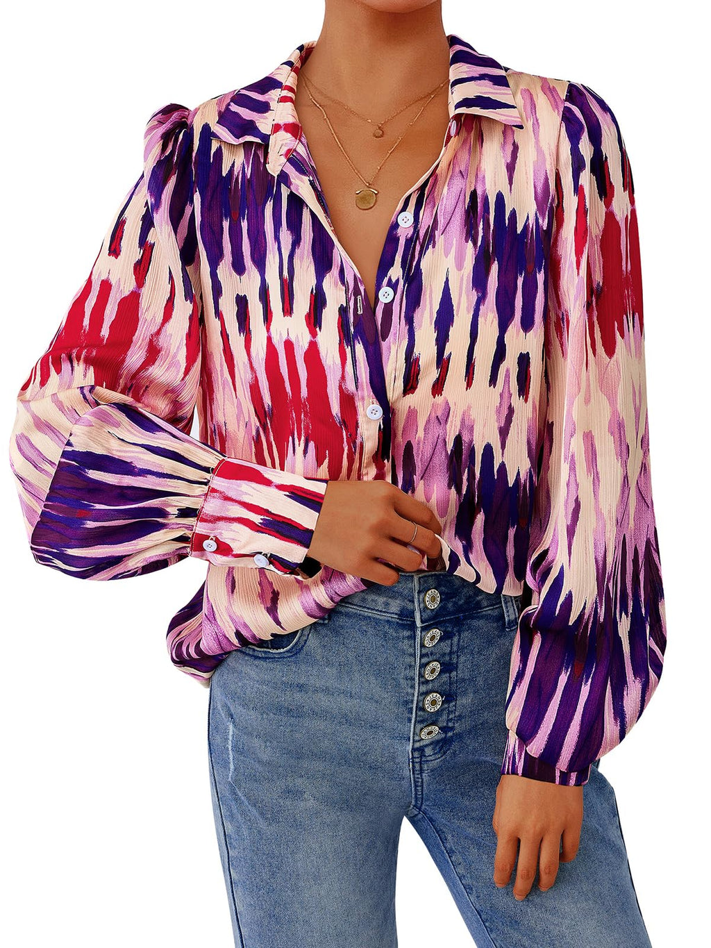 PRETTYGARDEN Women's Floral Blouses Dressy Casual V Neck Button Down Shirts Lantern Long Sleeve Boho Chiffon Spring Tops