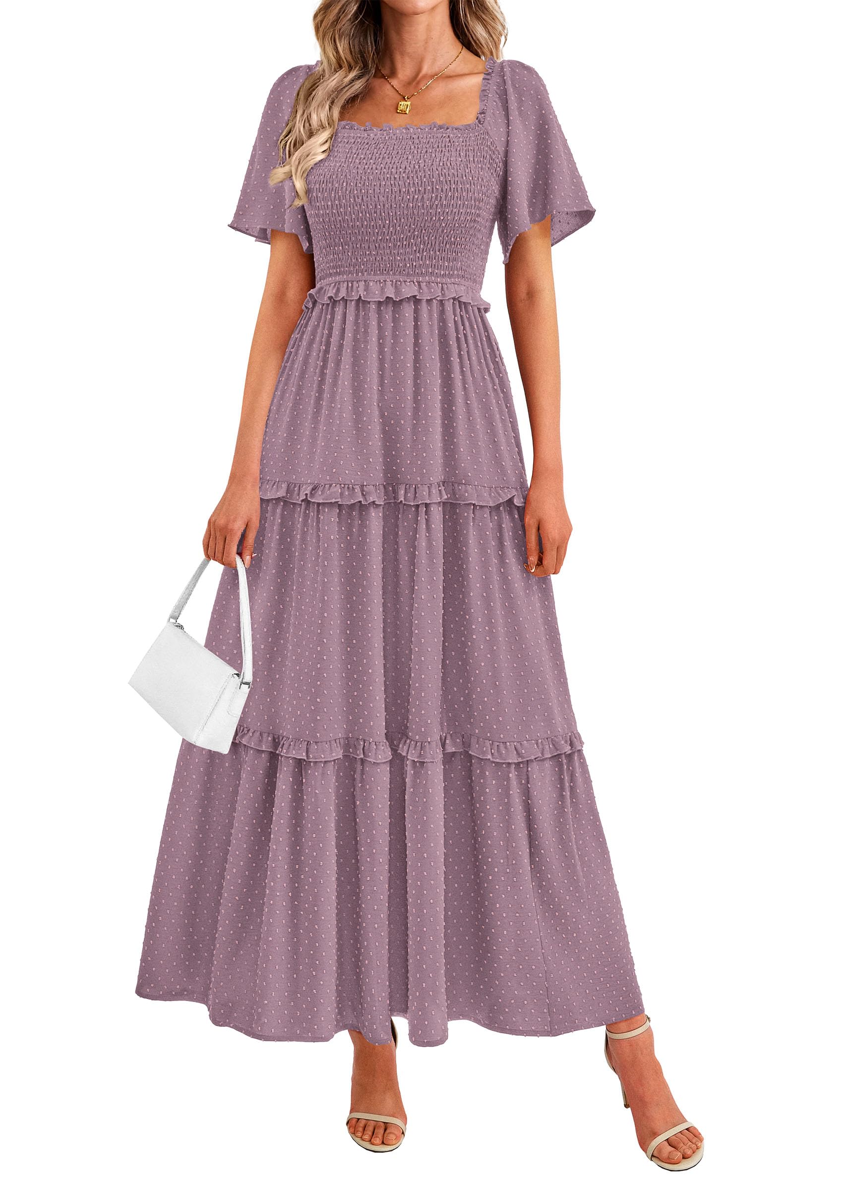 PRETTYGARDEN Summer Dresses for Women Boho Swiss Dot Smocked Square Neck Short Sleeve Spring Wedding Guest Maxi Dress