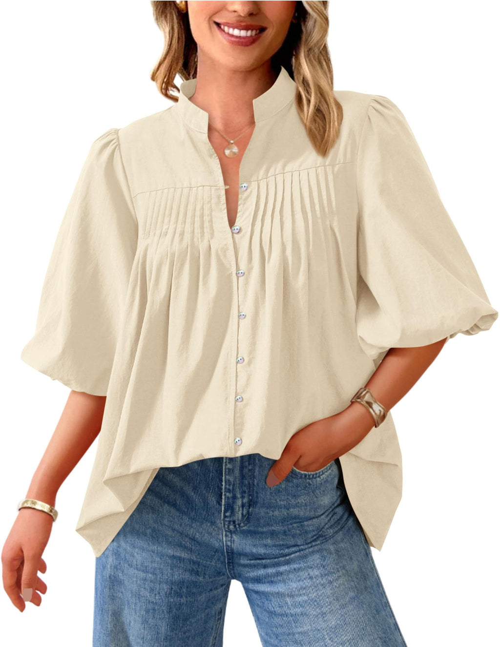 PRETTYGARDEN Women's  Summer Short Lantern Sleeve Tops Loose Fit Button Down Shirt Pleated V Neck Blouses Trendy Clothes