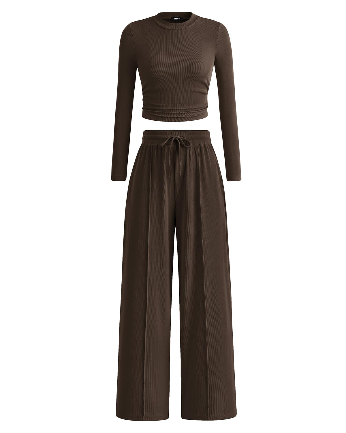 BTFBM Casual 2 Piece Sets For Women Fall Outfits Ribbed Spring Long Sleeve Crop Top Wide Leg Pants Matching Lounge Set
