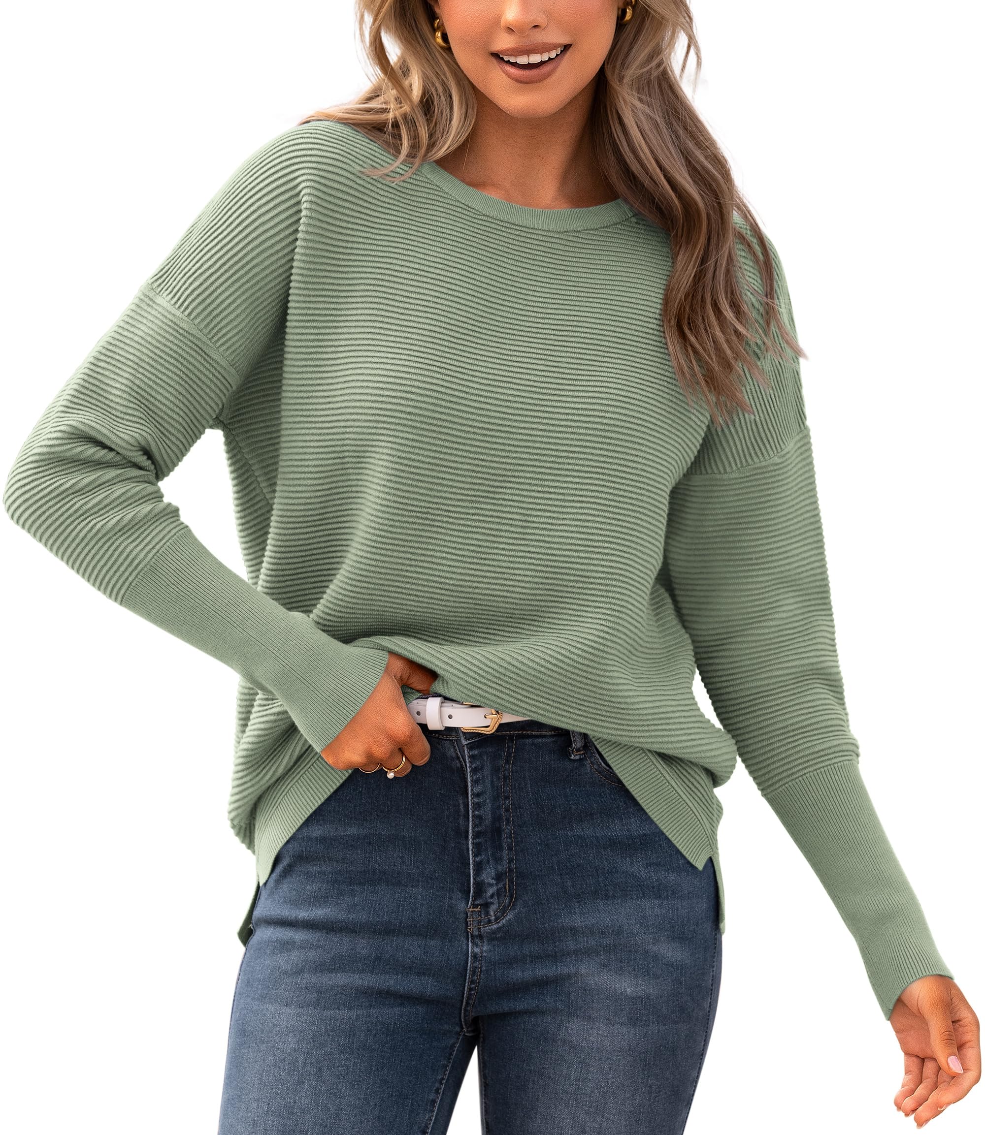 FreshPrettyFall Sweaters for Women Casual Long Sleeve Sweater Striped Loose Fit Pullover Tops