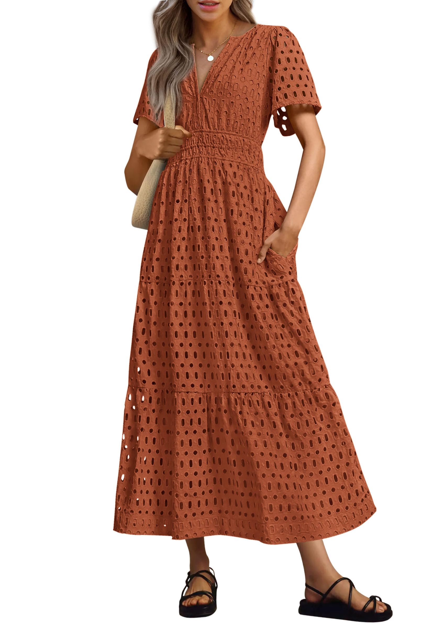 PRETTYGARDEN Womens Summer Maxi Dress Short Sleeve V Neck Hollow Out Eyelet A Line Long Flowy Beach Vacation Dresses