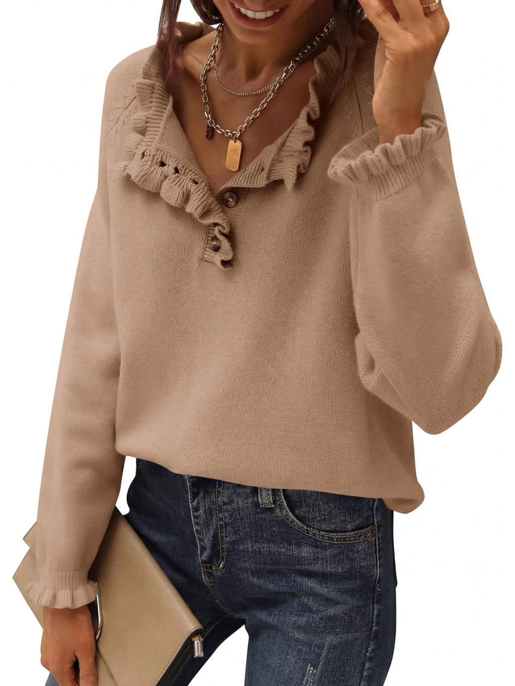 BTFBM Womens Sweaters Fall Winter Clothes Long Sleeve Button Down Ruffle Crew Neck Casual Knitted Pullover Tops