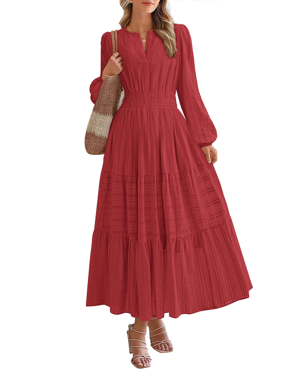BTFBM Spring Dresses for Women 2026 Casual Long Sleeve V Neck Elastic Waist Lightweight Maxi Wedding Guest Dress Pockets