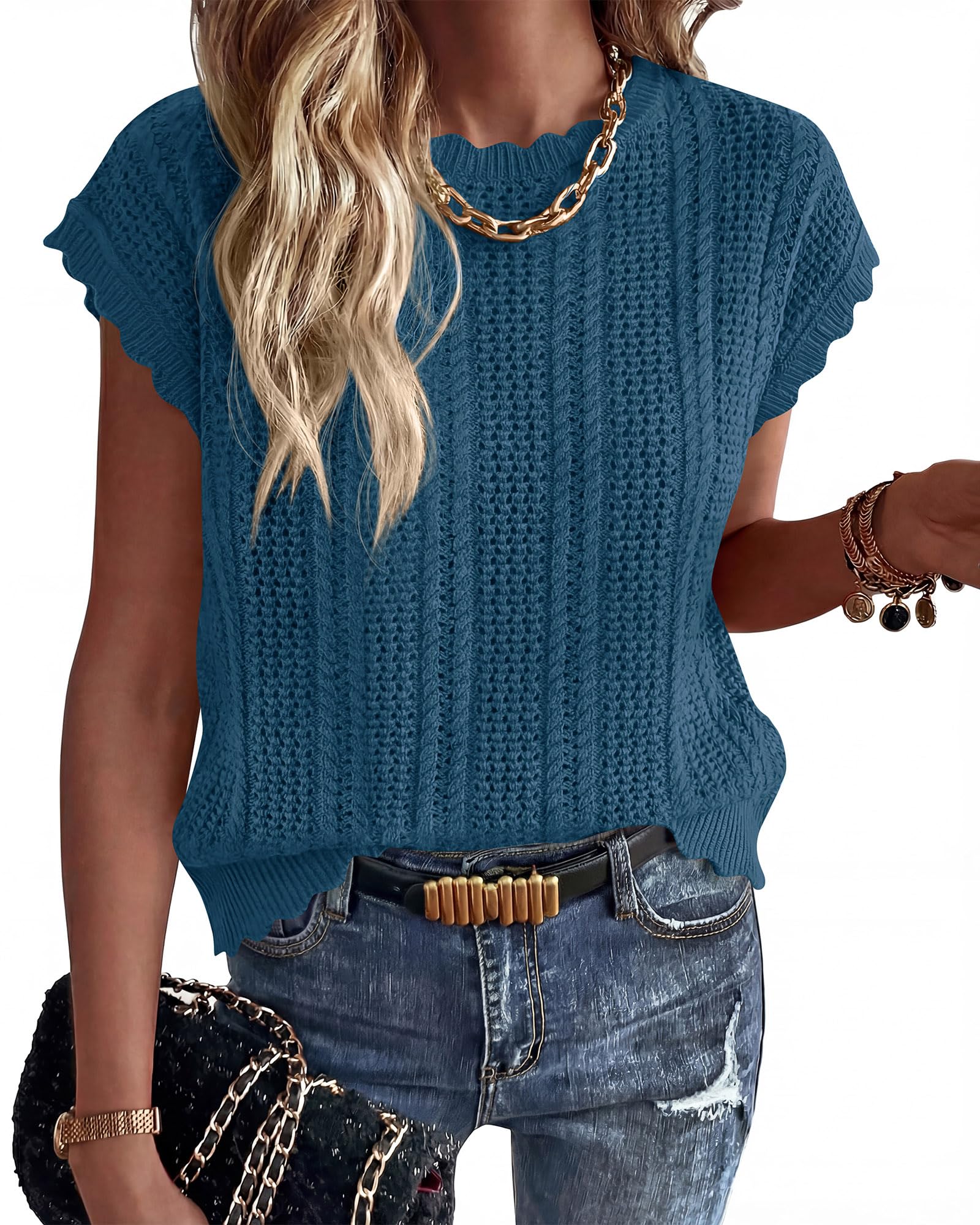 FreshPretty Sweater Vest Women Crochet Top Cap Short Sleeve Sweater Spring Summer Cable Knit Pullover Beach Vacation Outfits