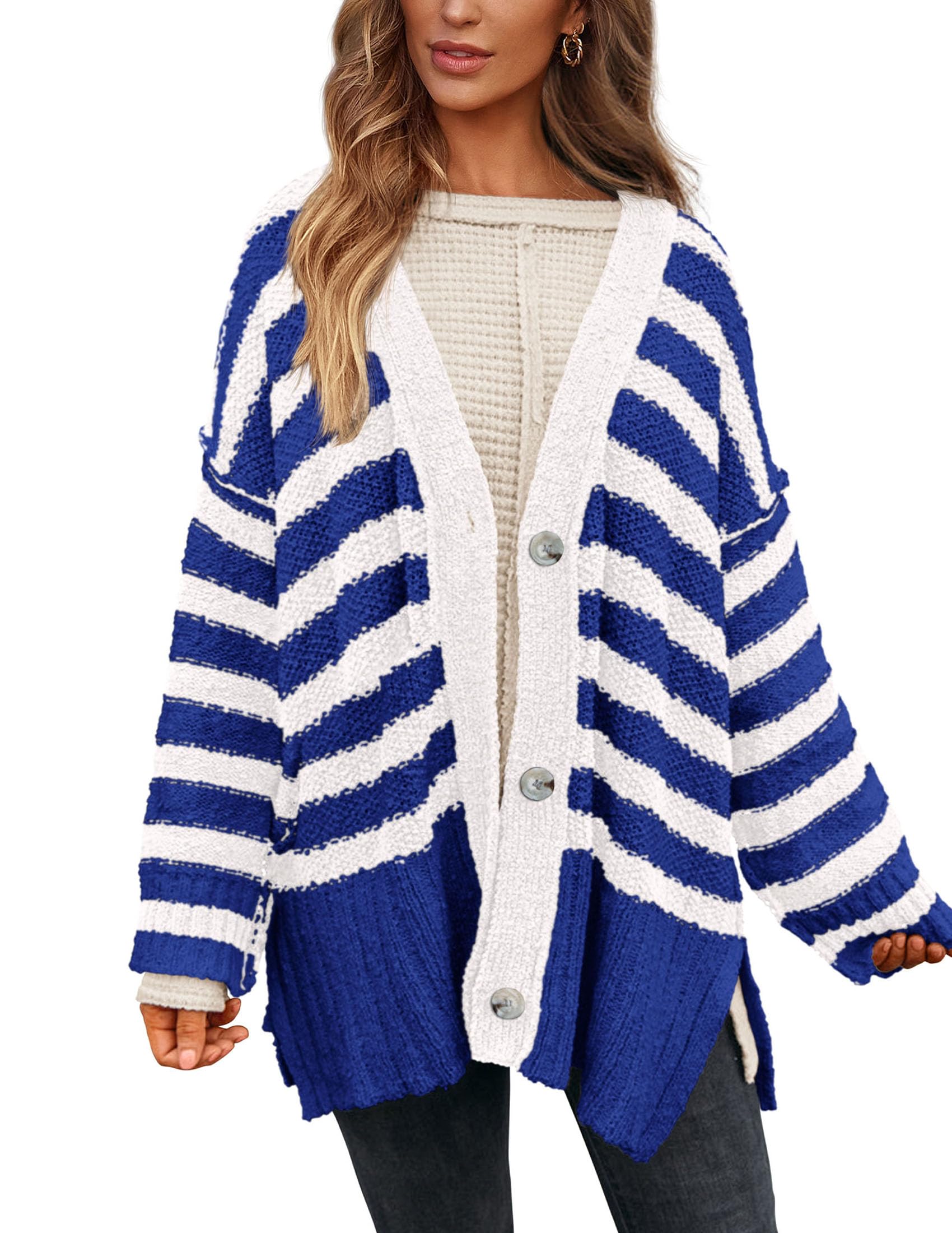 PRETTYGARDEN Women's Winter Striped Cardigan Sweaters Long Sleeve Button Down Open Front Chunky Knit Oversized Sweater Coat