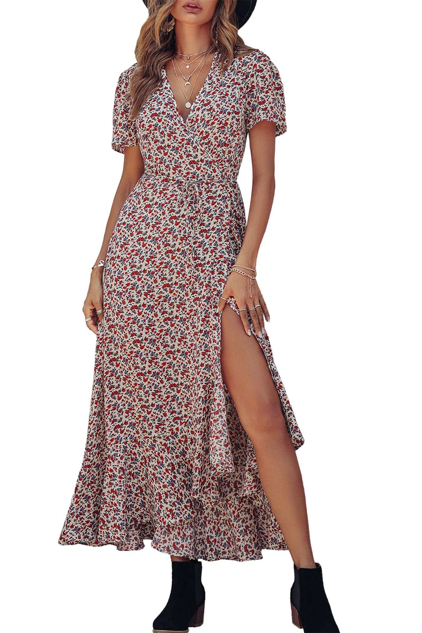 PRETTYGARDEN Women's Summer Maxi Dress Casual Wrap Floral Boho Short Sleeve V Neck Split Ruffle Beach Long Dresses