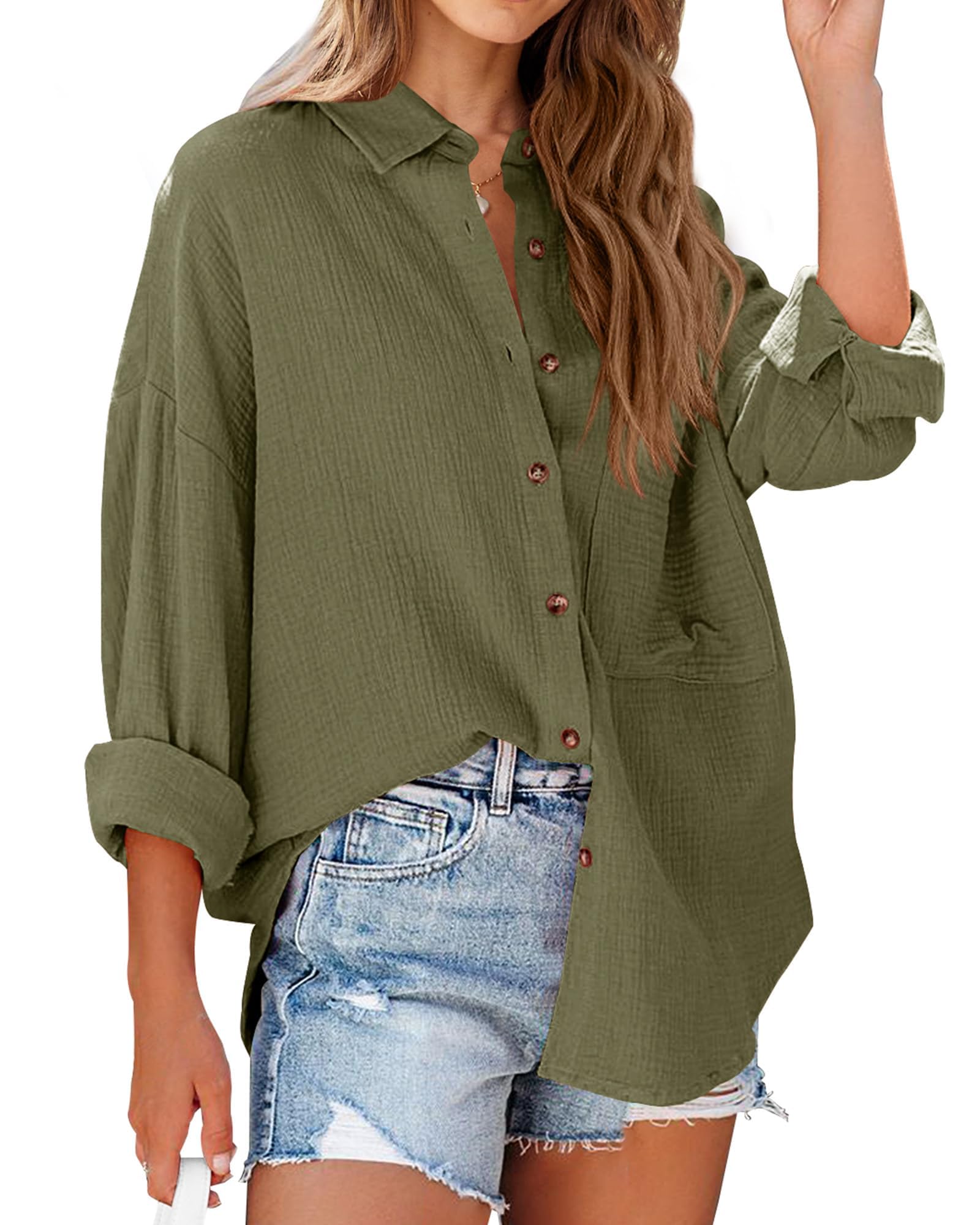 FreshPretty Casual Shirts for Women Long Sleeve Button Down Blouses Fall Solid Color Trendy Tops with Pocket