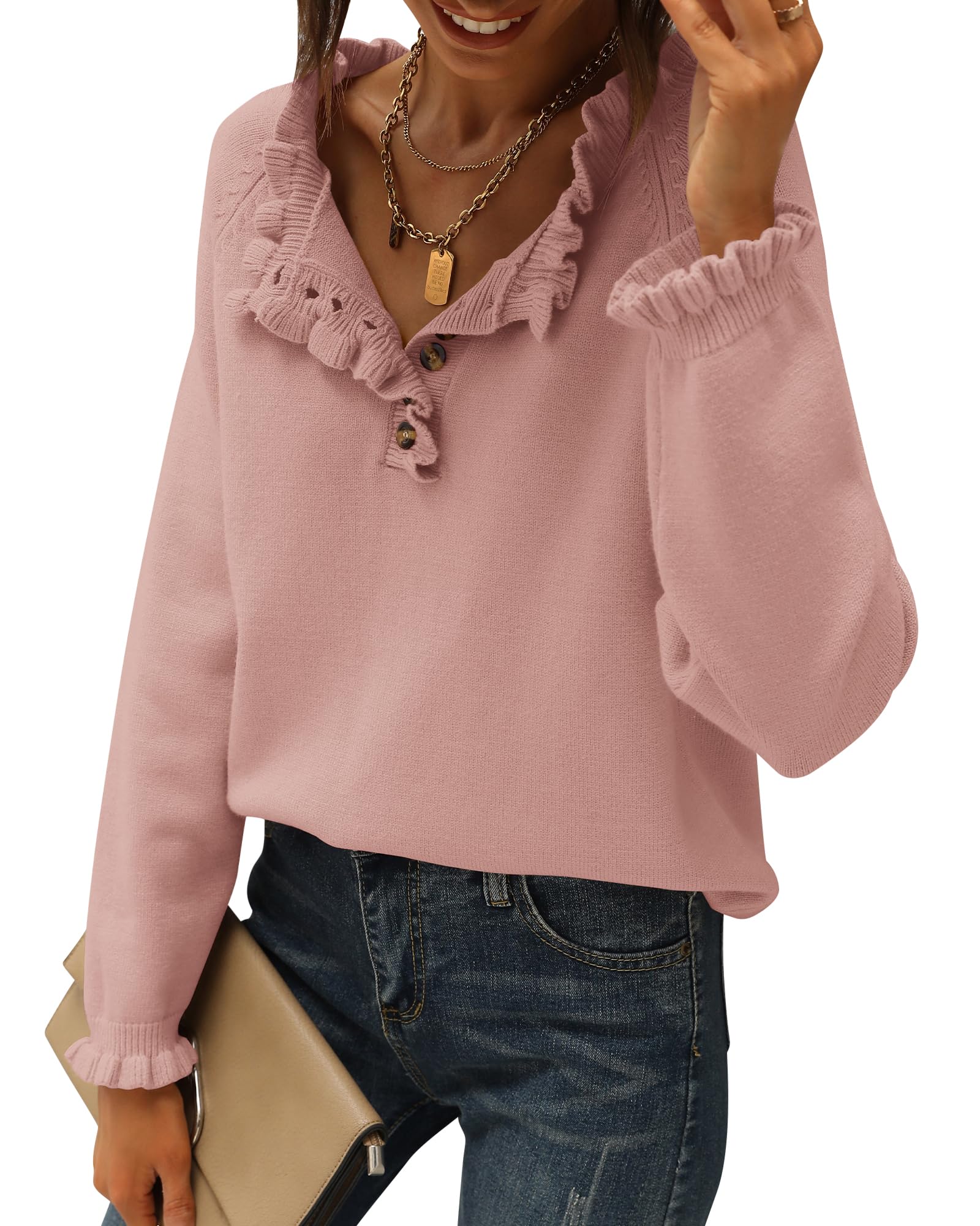FreshPretty Womens Sweaters Fall Winter Clothes Long Sleeve Button Down Ruffle Crew Neck Casual Knitted Pullover Tops