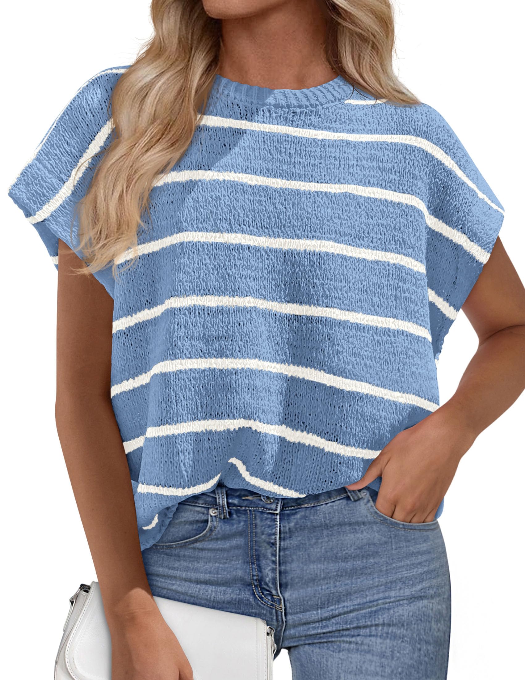 PRETTYGARDEN Womens Summer Short Sleeve Tops Trendy Crew Neck Striped Knit Sweater Business Casual Spring Clothes
