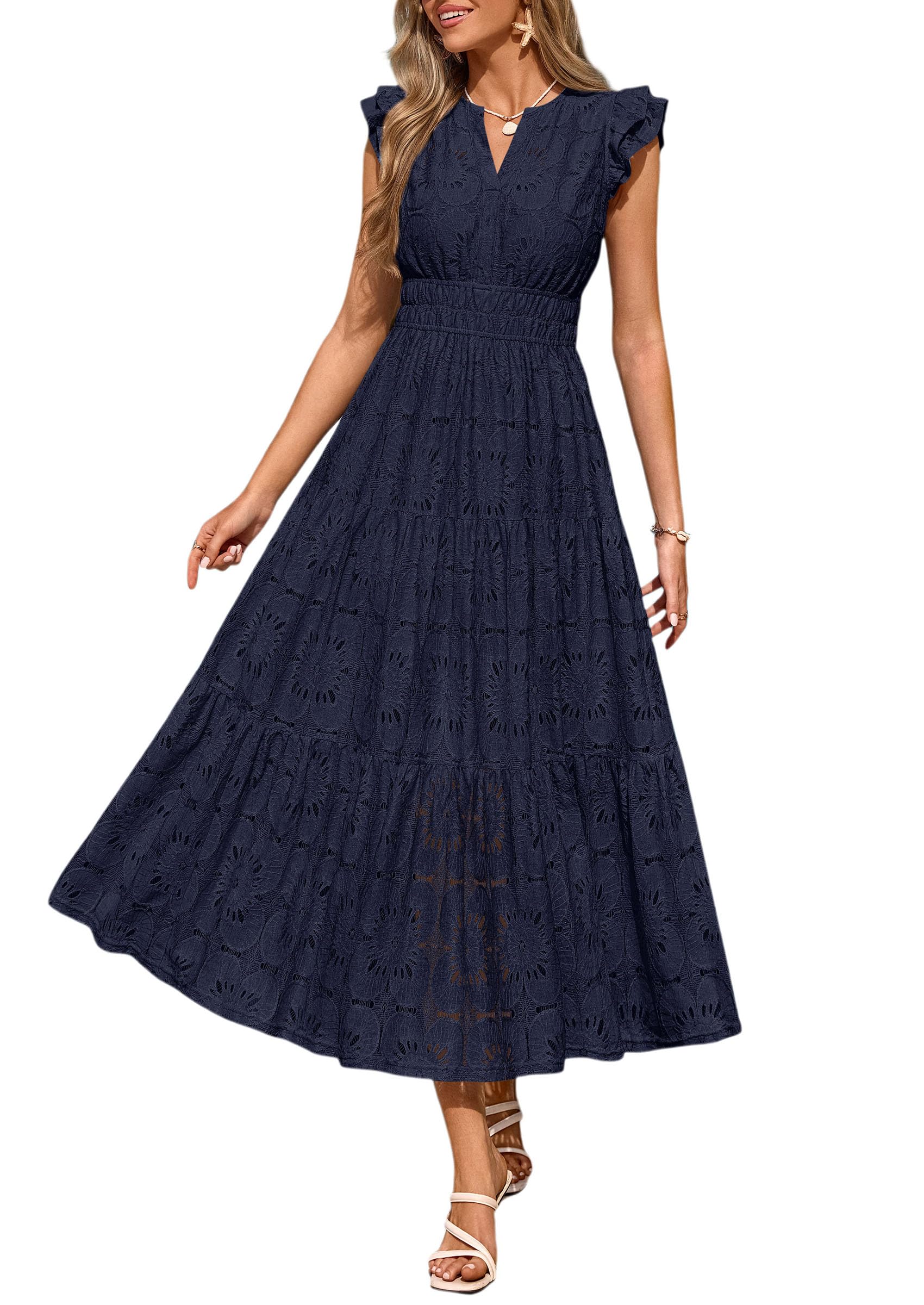 PRETTYGARDEN Womens Boho Maxi Dresses Summer Floral Lace Eyelet V Neck Spring Wedding Guest Dress Beach Vacation Clothes