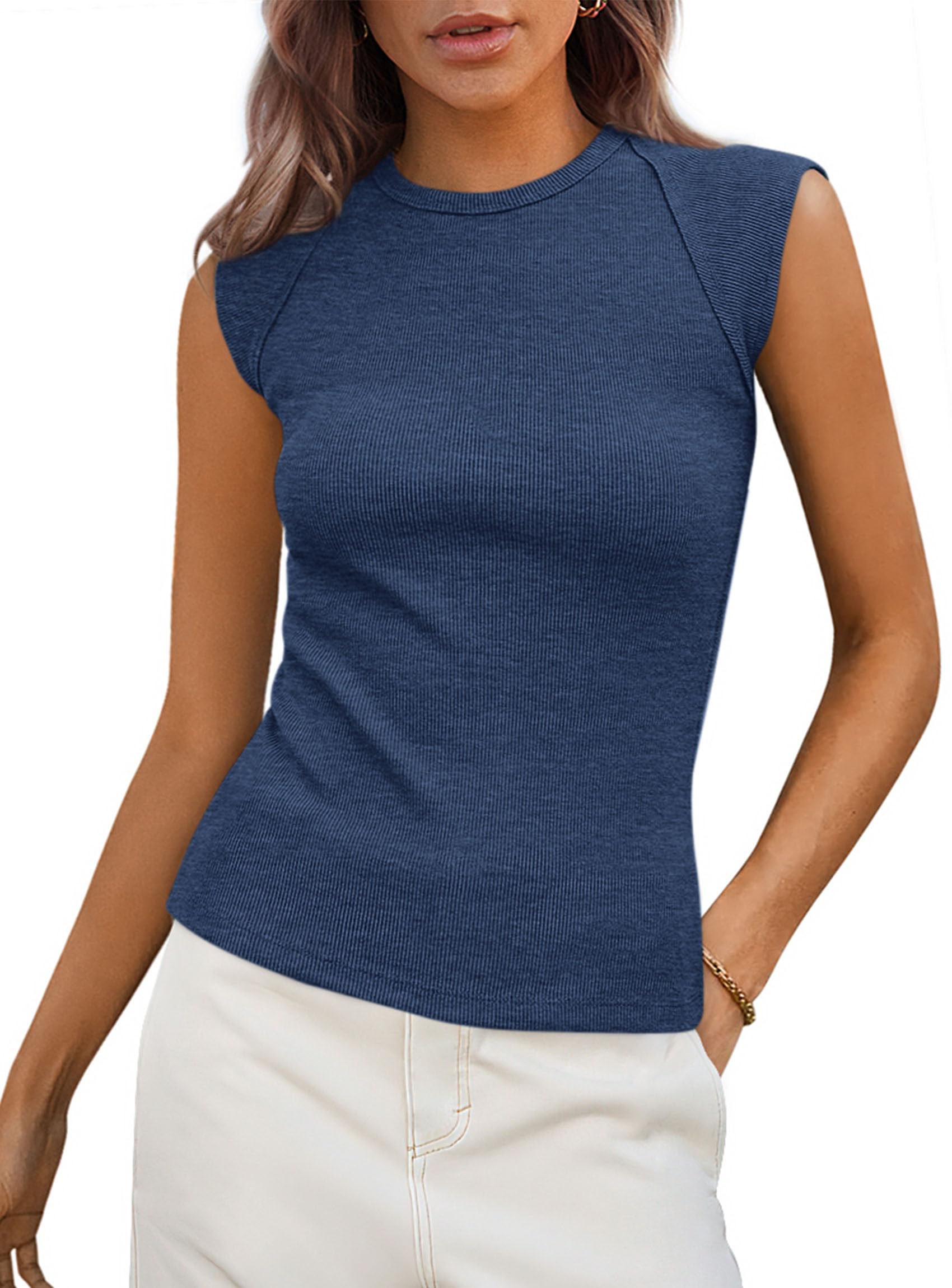 PRETTYGARDEN Women's Ribbed Tank Tops Summer Cap Sleeve Slim Fitted Knit Basic Casual Tee Shirts Trendy Fashion Clothes