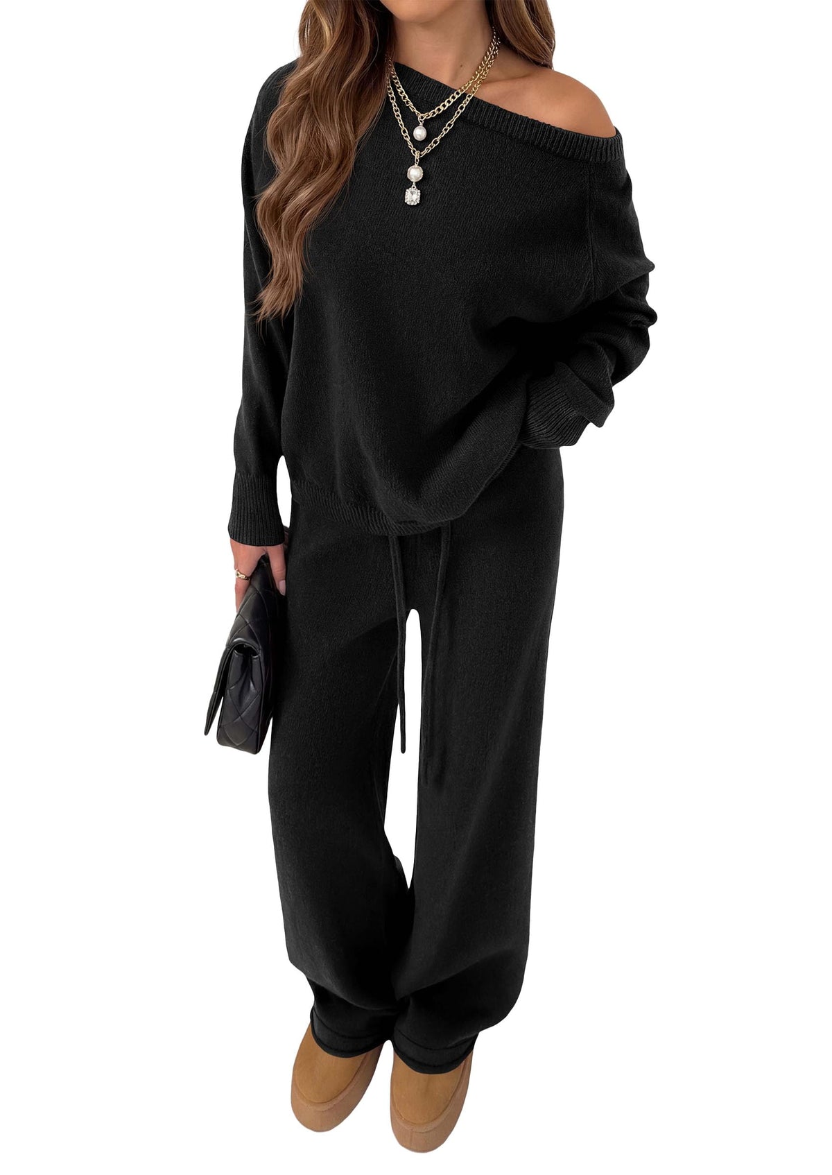 PRETTYGARDEN Lounge Sets Womens Sweaters Two Piece Outfits Cozy Boat Neck Long Sleeve Tops, Wide Leg Pants with Drawstring, Casual Fall Fashion Airport & Travel, Knit Matching Set
