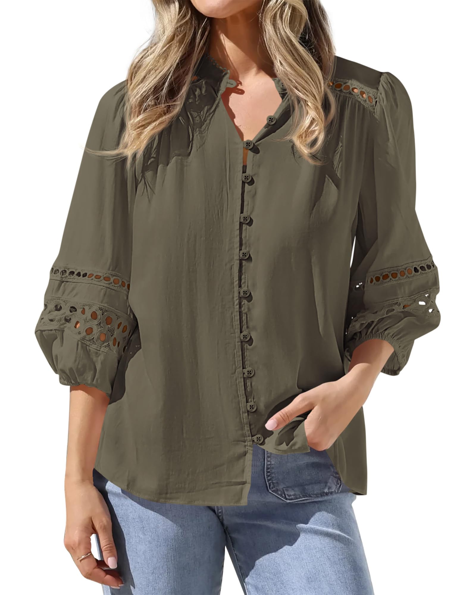 BTFBM 3/4 Length Sleeve Womens Tops Summer Blouses Eyelet Hollow Out Button Down Shirts Business Casual Outfits