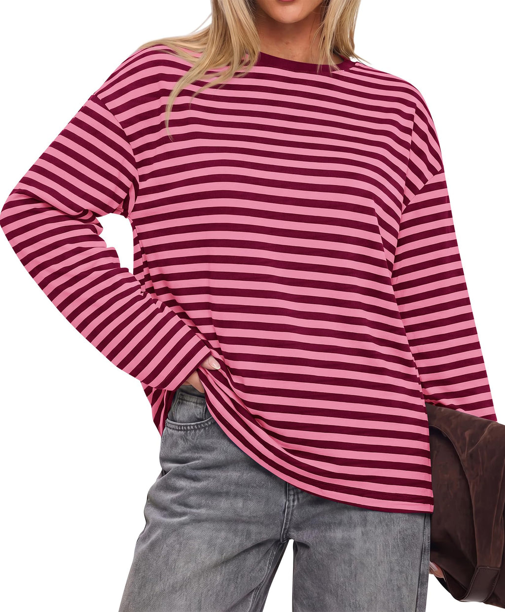 BTFBM Womens Long Sleeve Tops Fall Fashion | Lightweight, Crew Neck, Oversized Striped Shirt Women, Y2k Clothes, Vacation Travel Outfits, Going Out Top, Winter Layering