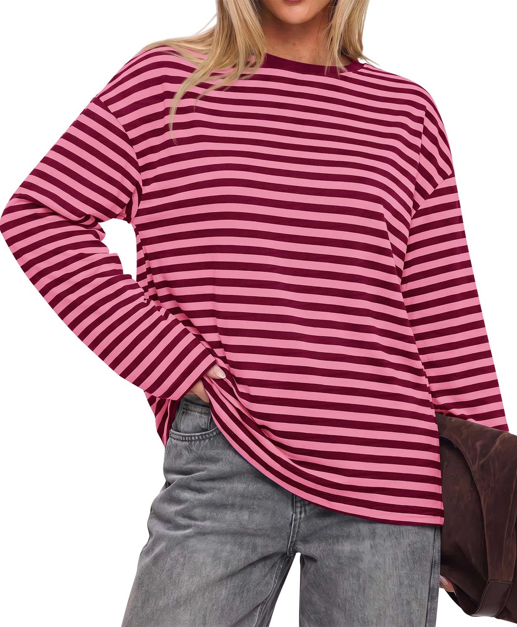 BTFBM Womens Long Sleeve Tops Fall Fashion | Lightweight, Crew Neck, Oversized Striped Shirt Women, Y2k Clothes, Vacation Travel Outfits, Going Out Top, Winter Layering