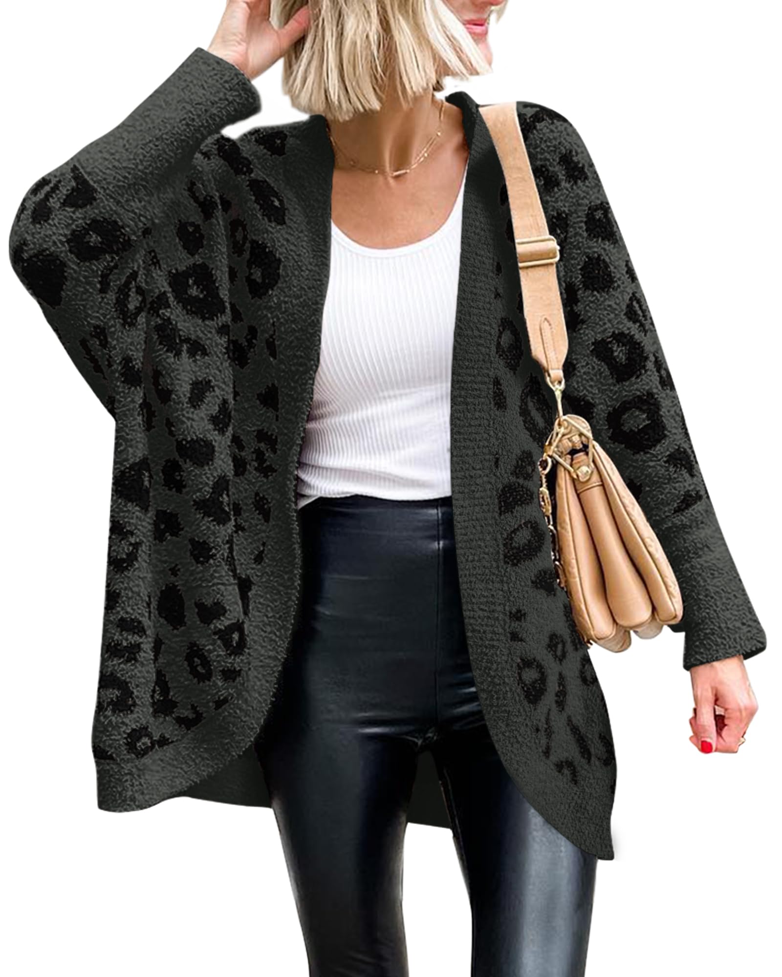 FreshPretty Leopard Cardigan for Women Long Sleeve Open Front Cardigans Sweaters Pockets Loose Knit Fall Winter Outwear
