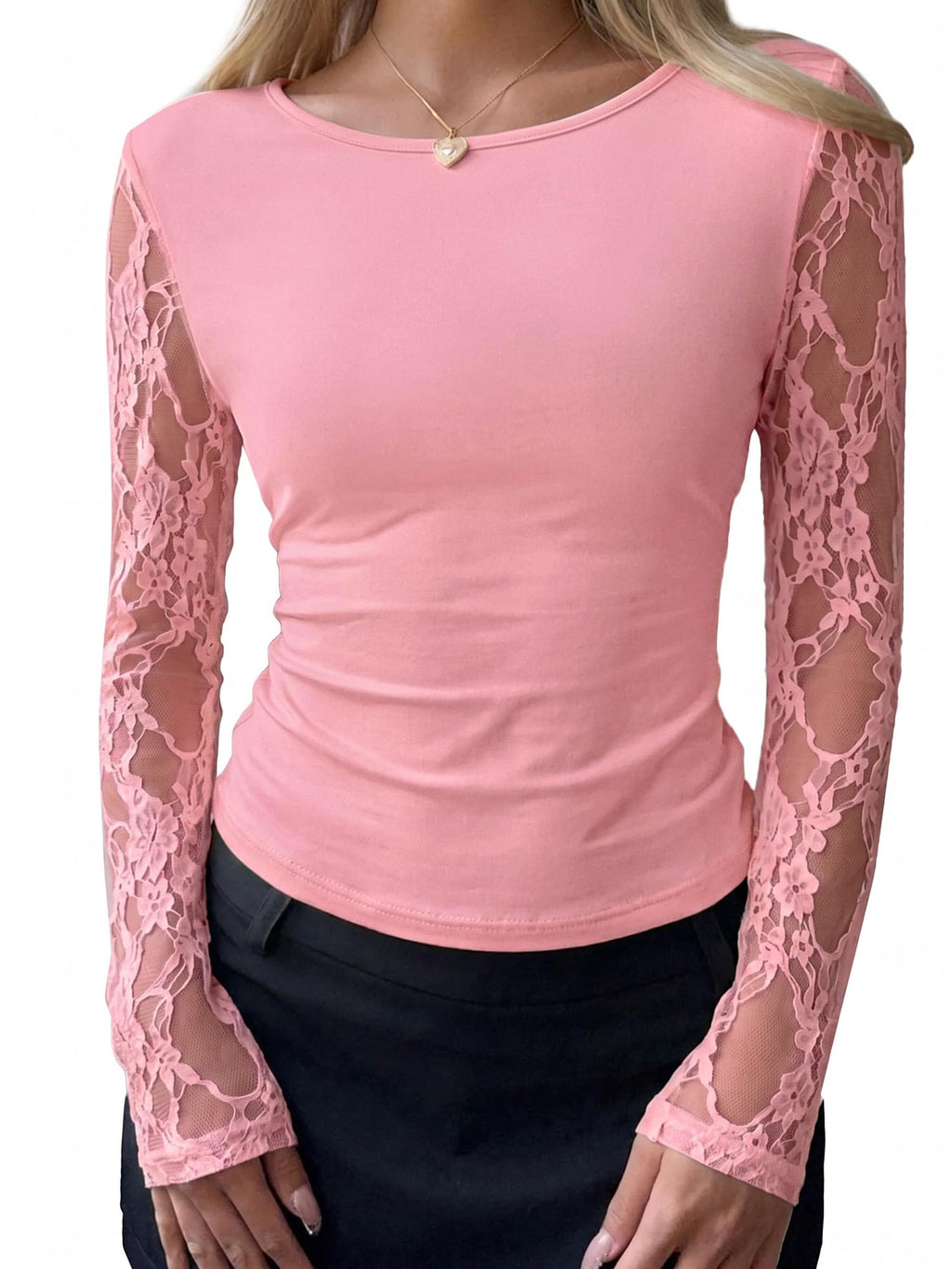 BTFBM Fall Tops for Women Sheer Lace Long Sleeve Top Slim Fit Blouses Crew Neck, Lightweight Basic Tees, See Through Layering Top, Sexy Fashion Clothing, Party Club Date Night Going Out Outfits