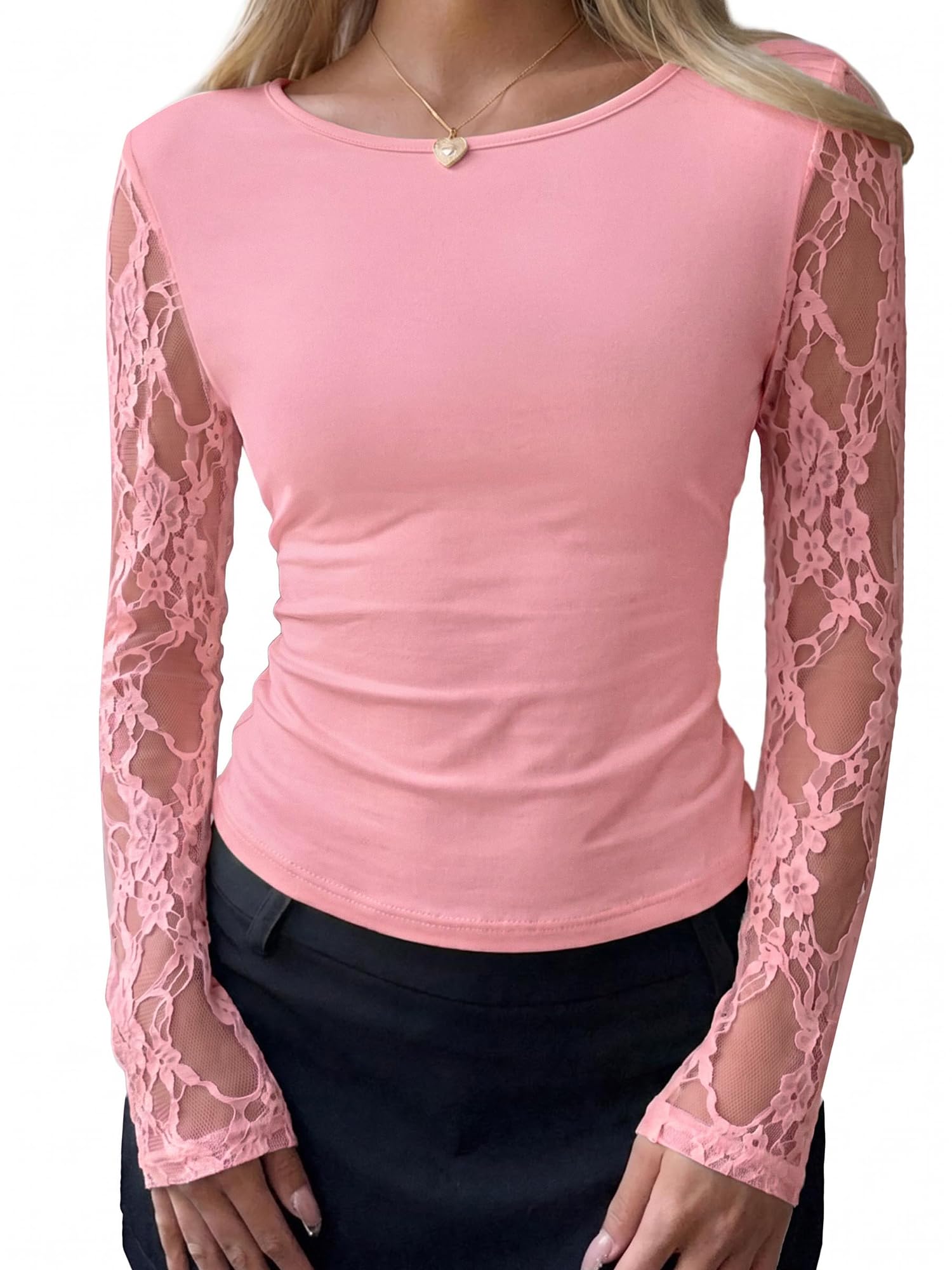BTFBM Fall Tops for Women Sheer Lace Long Sleeve Top Slim Fit Blouses Crew Neck, Lightweight Basic Tees, See Through Layering Top, Sexy Fashion Clothing, Party Club Date Night Going Out Outfits