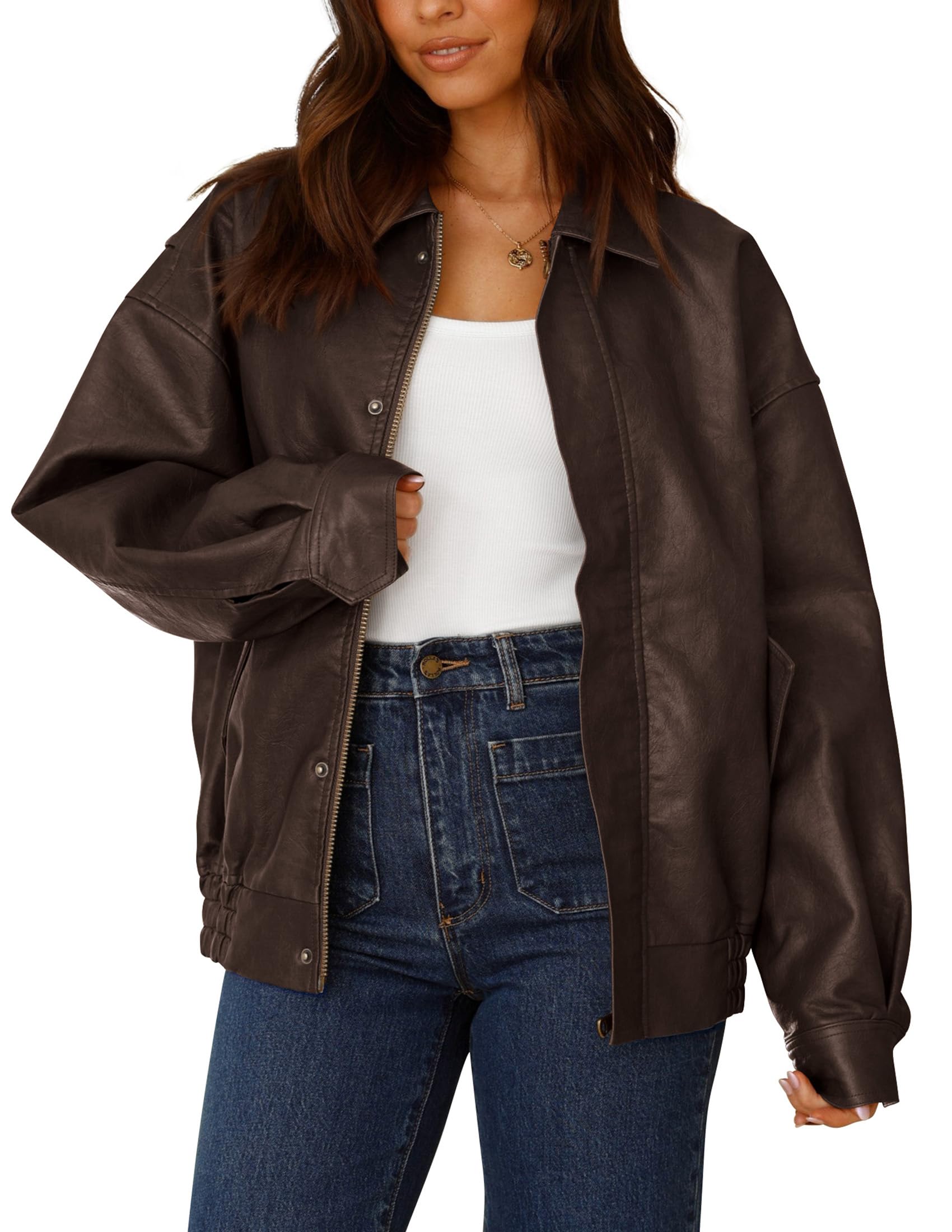 PRETTYGARDEN Women's Faux Leather Motorcycle Jacket Trendy Fall Spring Clothes Oversized Zip Up Winter Coat Outerwear