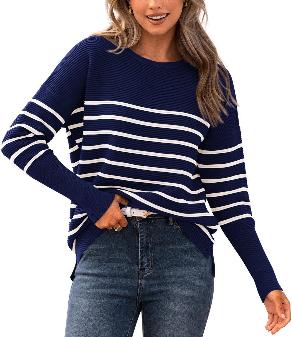 FreshPrettyFall Sweaters for Women Casual Long Sleeve Sweater Striped Loose Fit Pullover Tops